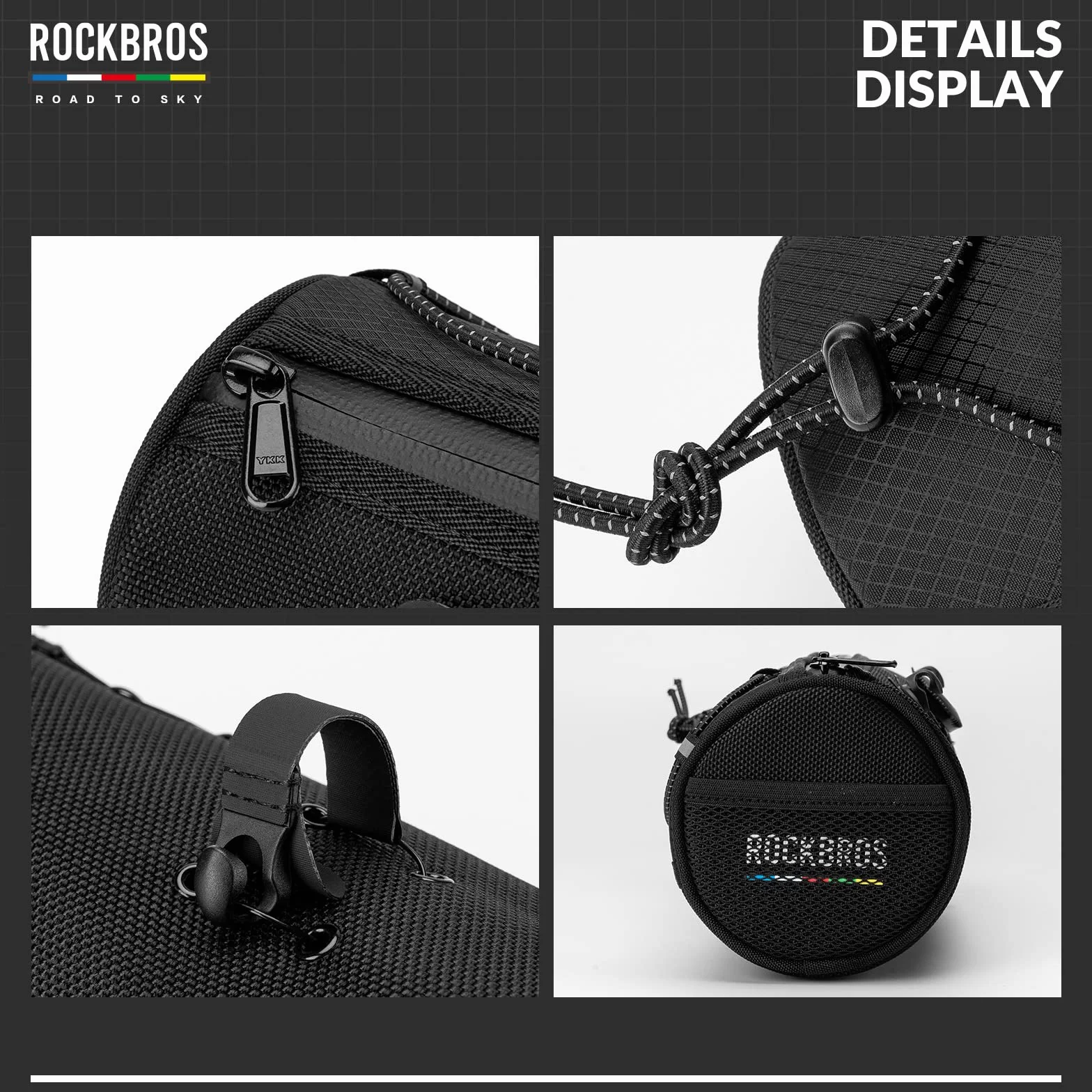 ROCKBROS Road-to-Sky Torba na Kierownicę Roweru Torba Przednia na Kierownicę ok. 1,5L Wodoodporna Odblaskowa Nowoczesna 5 Kolorów do MTB Rower Szosowy Rower Miejski Czarny