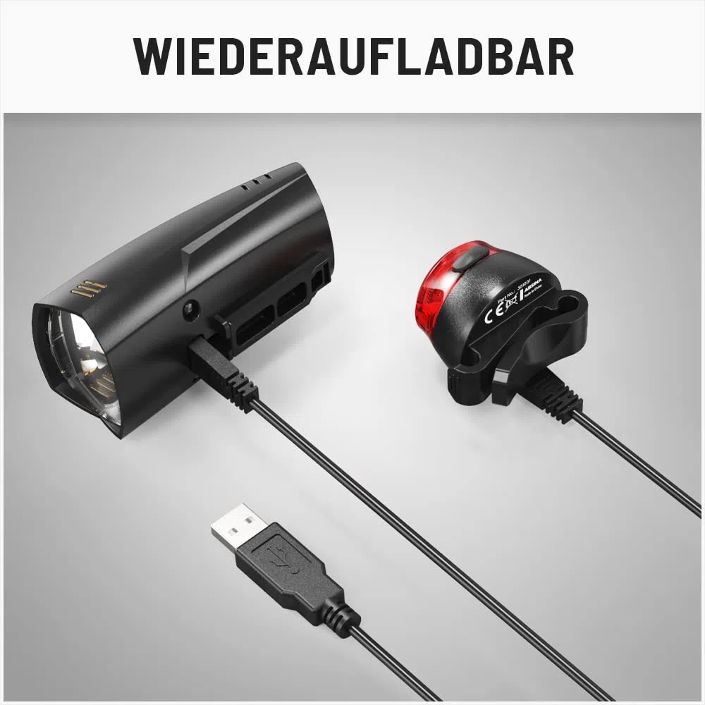 ABSINA Zestaw świateł rowerowych LED z akumulatorem – dopuszczone do ruchu drogowego o jasności 180 lumenów, zasięg 200 m, odporne na deszcz i ładowanie przez USB – oświetlenie rowerowe przednie i