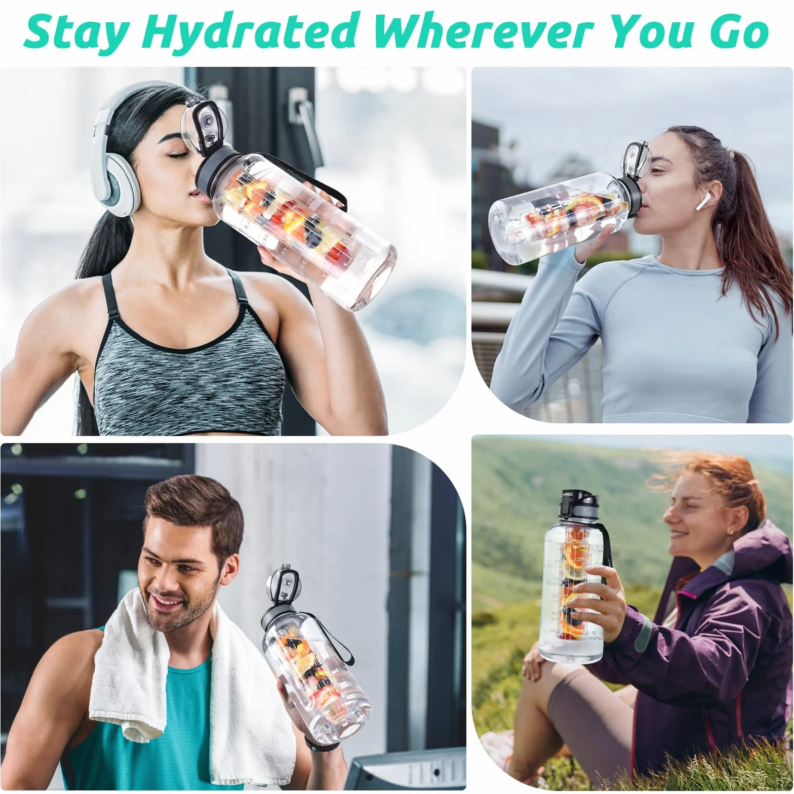 UTEBIT Butelka na wodę z zaparzaczem na owoce, 1,5 l, szczelna, sportowa ze znacznikami czasu, tritan, bez BPA, motywacyjna do fitnessu, siłowni, na rower
