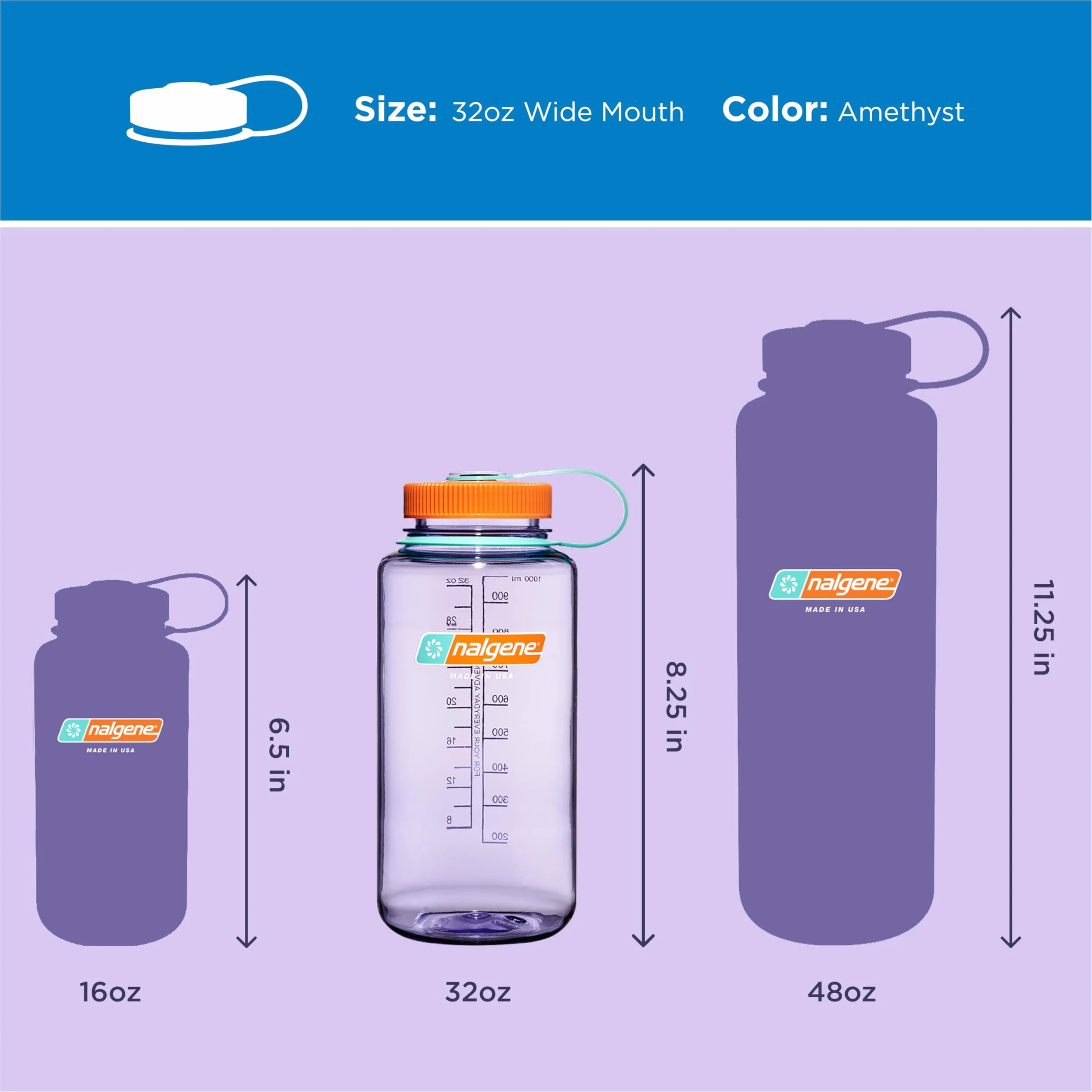 Nalgene Sustain Butelka na wodę z tritanu, bez BPA, wykonana z materiału pochodzącego z 50% plastikowych odpadów, 900 ml, szeroki otwór, ametyst