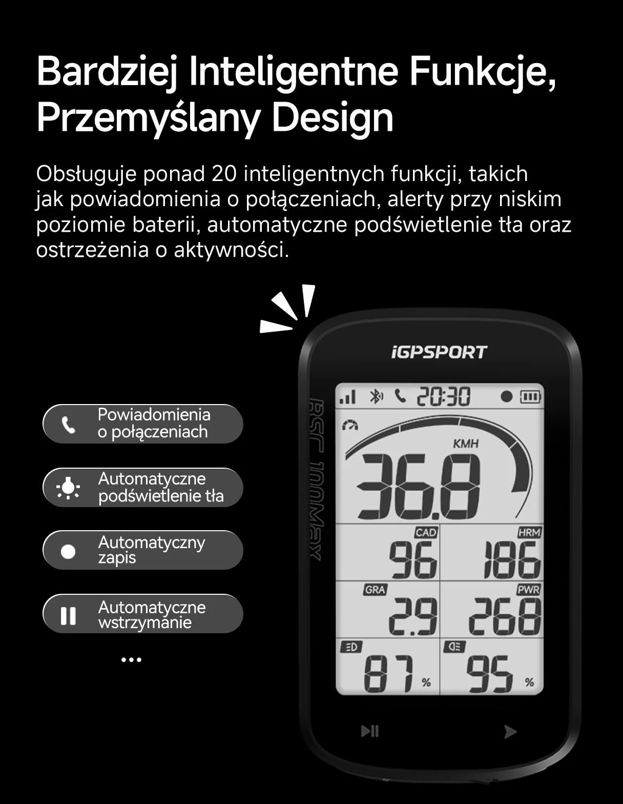 iGPSPORT BSC100MAX Licznik Rowerowy Bezprzewodowy, Duży Ekran 3 Cale, Automatyczny Start/Pauza, 40 Godzin Pracy Na Baterii, Konfigurowalne Dane, Wodoodporność IPX7