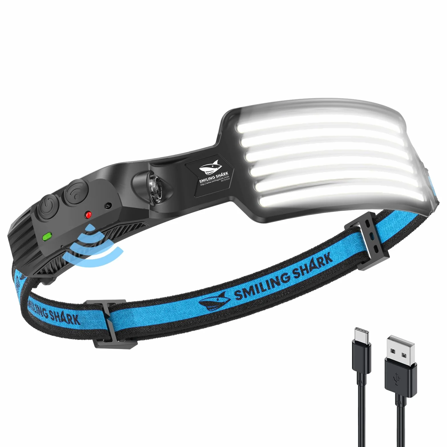 Smiling Shark Akumulatorowa lampa czołowa, szeroki kąt 230°, 6 x białe światło, najjaśniejsza lampa czołowa LED z czujnikiem ruchu, wodoodporny reflektor na kemping, wędrówki, na zewnątrz, lampa