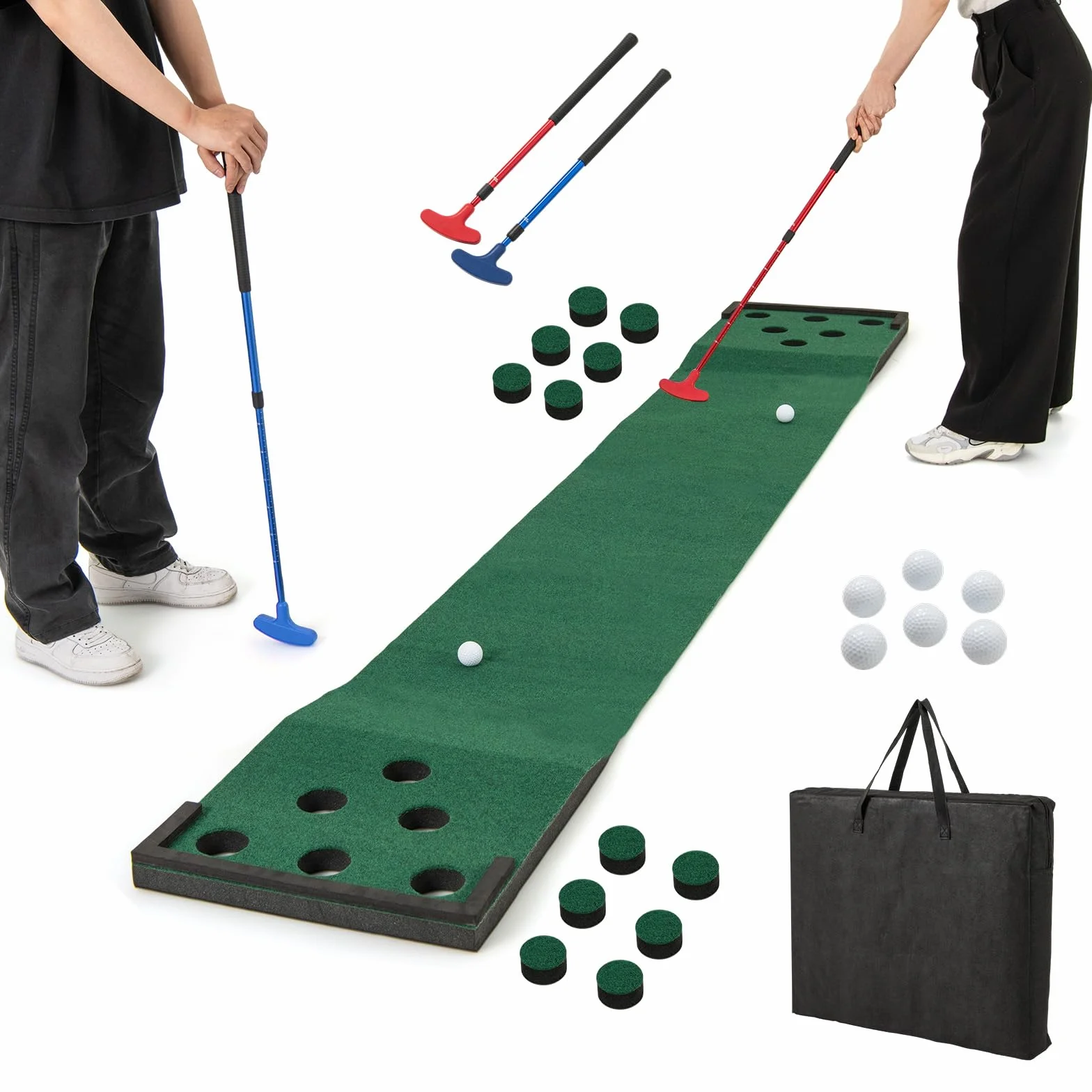 COSTWAY Mata do gry w golfa 332 x 50 cm, putting green z 2 regulowanymi kijkami do puttingu, 6 piłkami i 12 osłonami otworów, przenośna mata golfowa do użytku wewnątrz i na zewnątrz, mata do ćwiczeń
