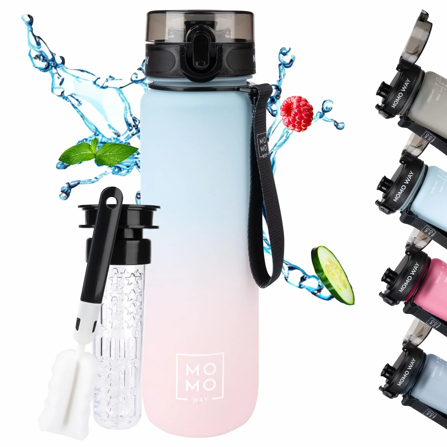 MOMO WAY Butelka Na Wodę Do Picia Na Drogę Tritan Bez BPA Do Sportu Idealna Na Prezent Z Tritanu Szczelna Na Napoje Niebiesko-Różowy 1000ml