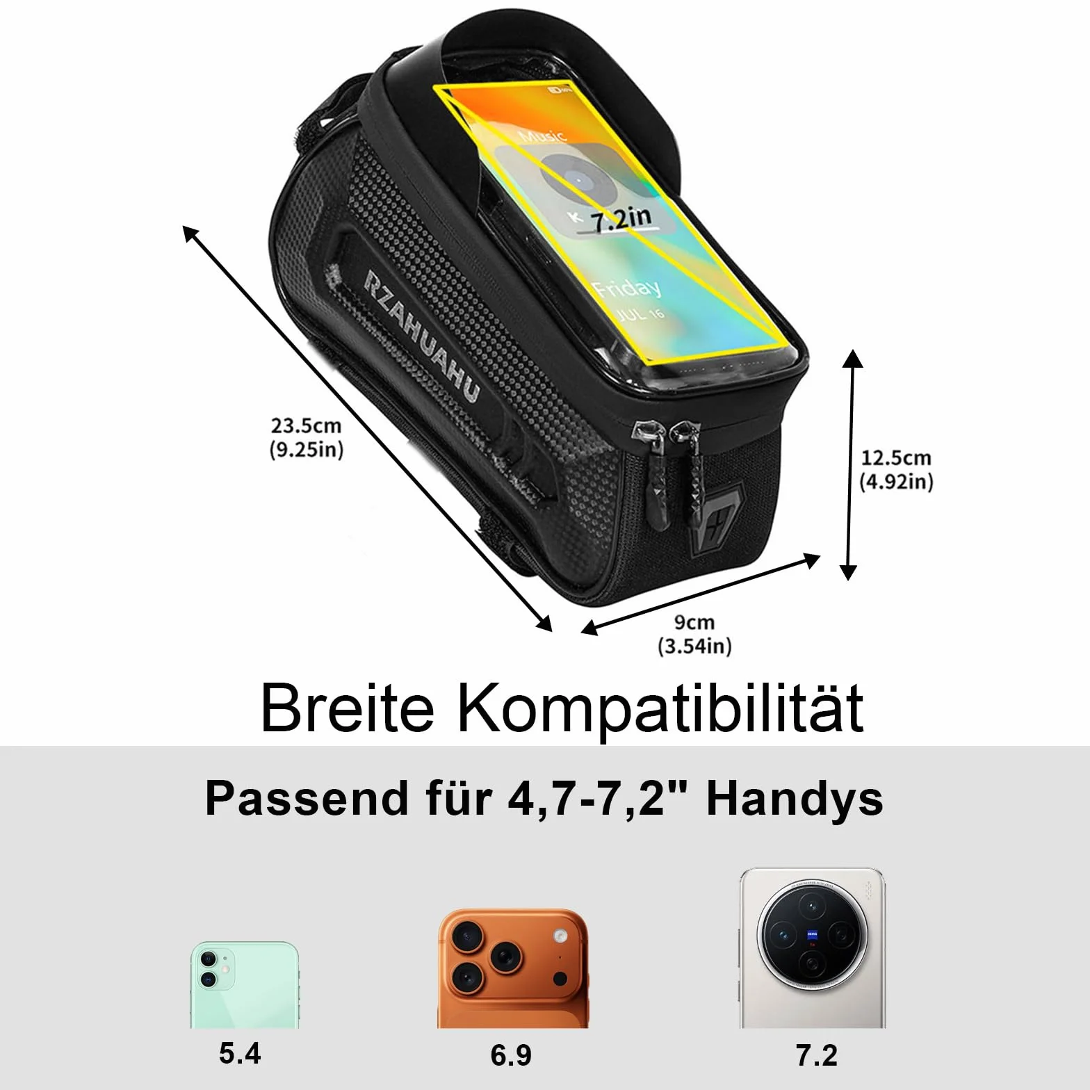 Torba Rowerowa na Ramę z Ekranem Dotykowym, Wodoodporna Sakwa na Telefon do 7,2" - Duża Pojemność, Osłona Przeciwsłoneczna 3D, Paski Antypoślizgowe - Dla Rowerów Górskich/Szosowych
