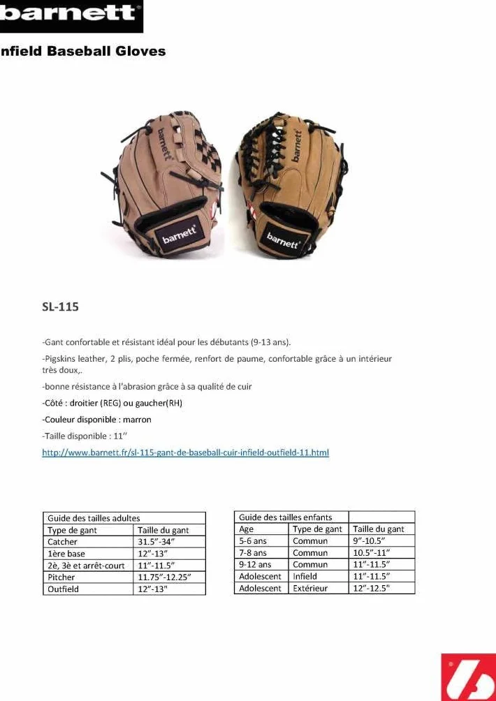 Barnett SL-115 REG skórzana rękawica baseballowa świnka, brązowa (REG (nosi się do lewej ręki))