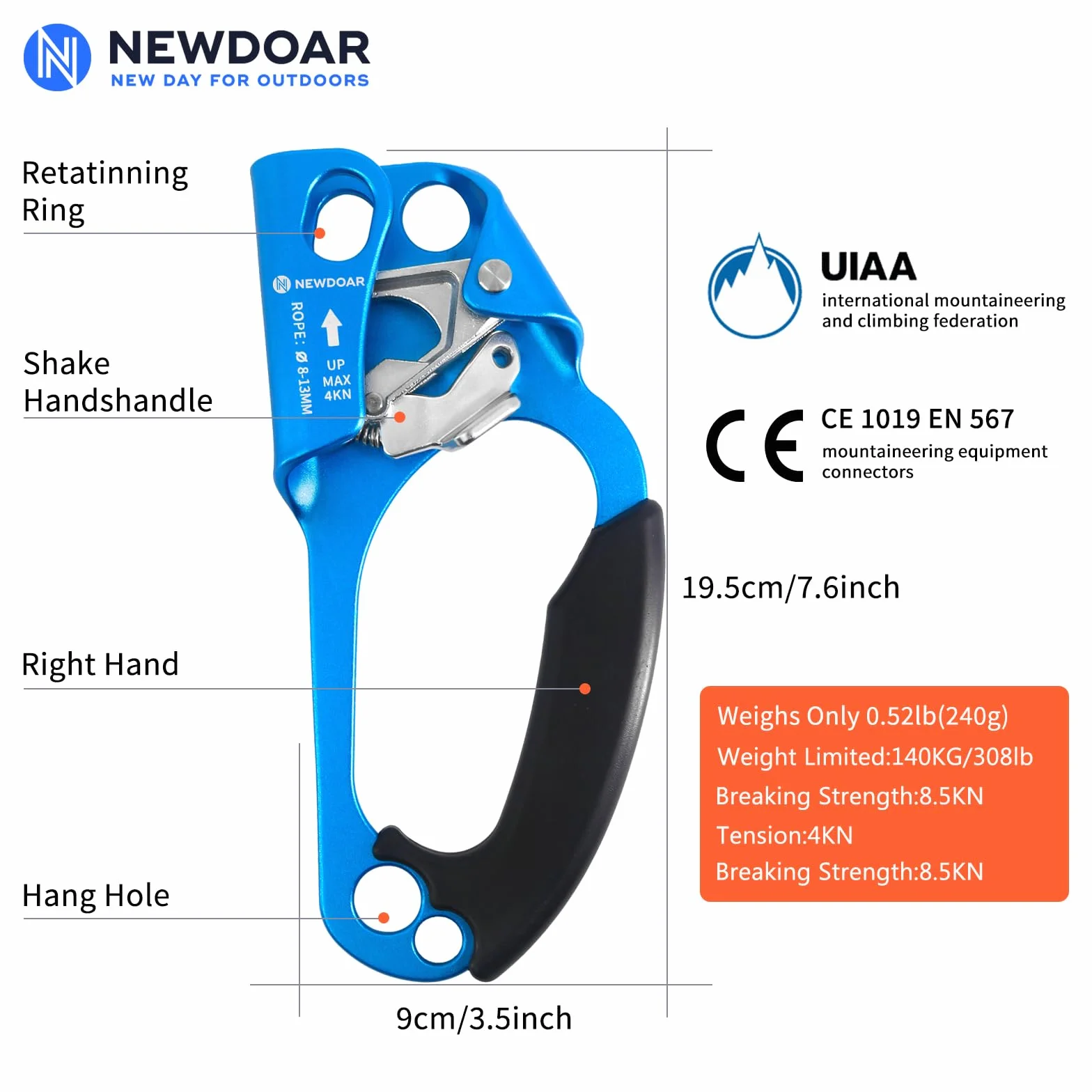 NewDoar Hand Ascender Rock Climbing Tree Arborist Rappel Gear Equipo Abrazadera de cuerda para cuerda de 8 ~ 12MM