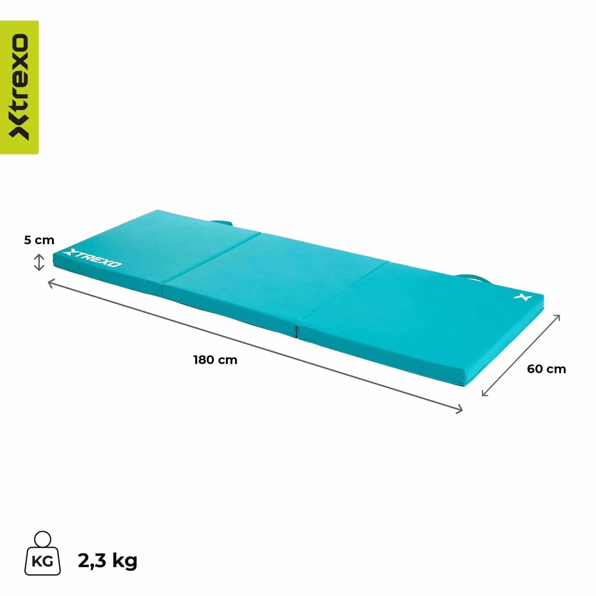 TREXO Składana mata gimnastyczna 180 x 60 x 5 cm – mata gimnastyczna ze sztucznej skóry z 3 segmentami – tapicerka o grubości 5 cm – do fitnessu, szkoły i treningu domowego