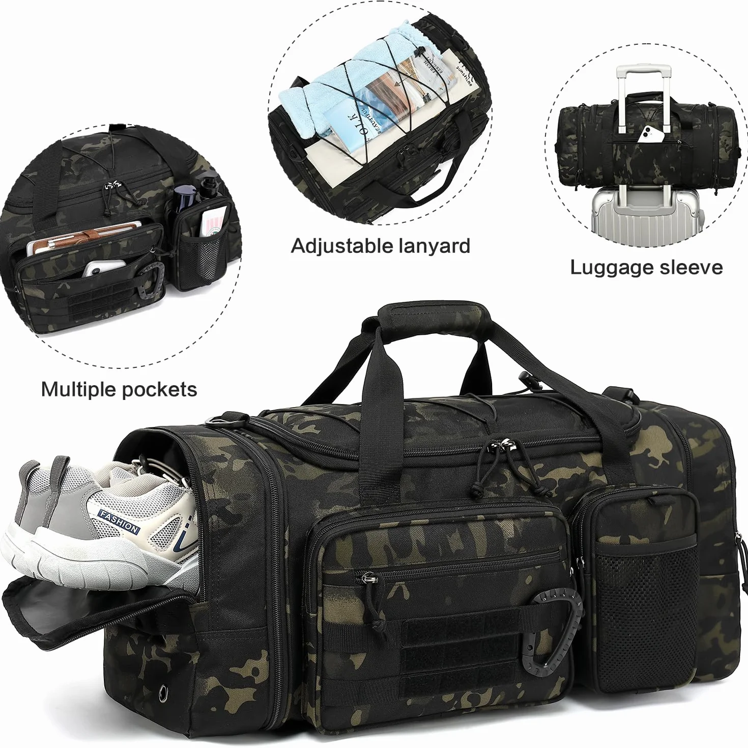 Męska taktyczna torba sportowa 50-55 l, rozciągliwa, duża torba fitness 3 w 1, wojskowa torba podróżna, Kamuflaż, 68.5 cm x 26.5 cm x 30.5 cm, podróże, siłownia, sport, kemping, weekend