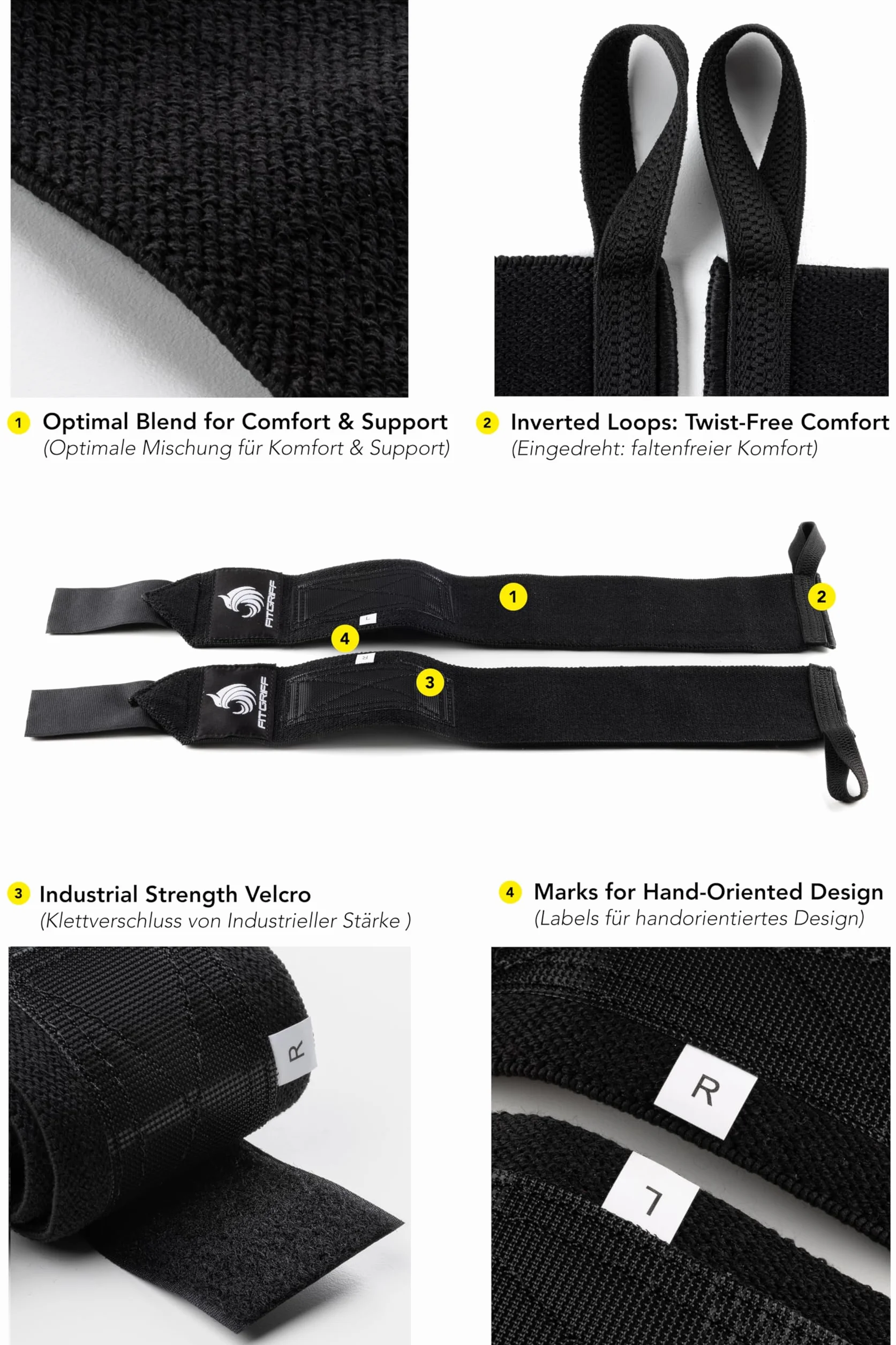 Fitgriff® Bandaże na nadgarstek + pomoc do rozciągania (zestaw 2 szt.) – do treningu siłowego, fitnessu, kulturystyki, podnoszenia ciężarów, siłowni, sportów siłowych – dla kobiet i mężczyzn