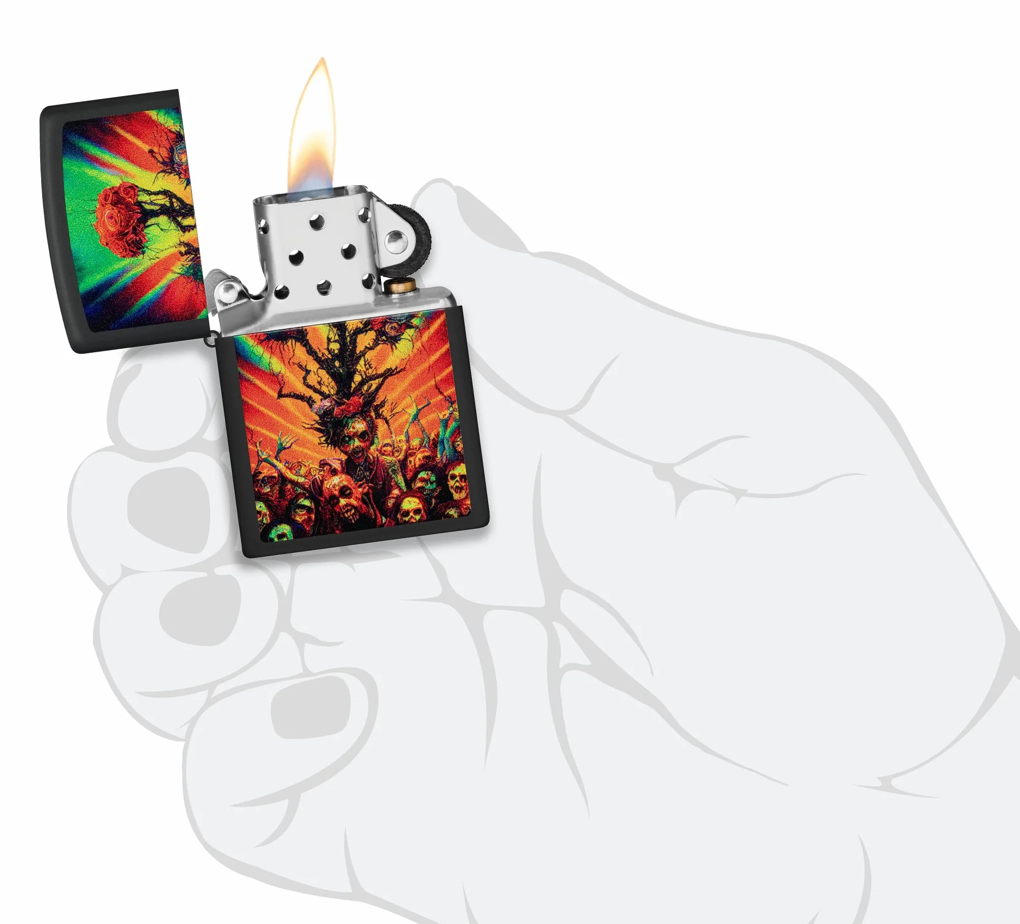 Zippo Abstract Zombie Zapalniczka Sztormowa, Kolorowy Nadruk, do Napełniania, Wielokrotnego Użytku, Wiatroodporna Konstrukcja, Pudełko na Prezent, Wykonano w USA, Kolor Czarny Matowy