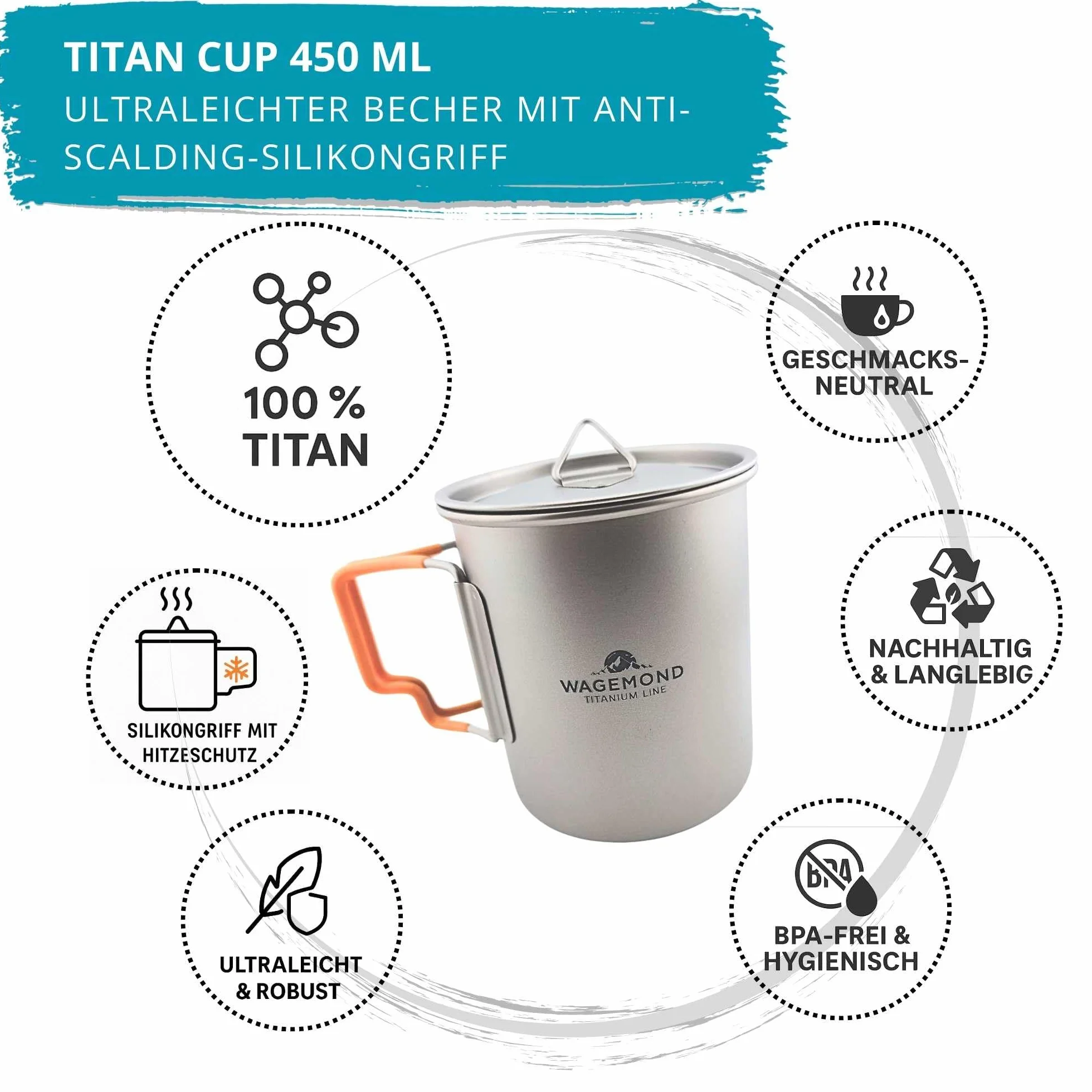Tytanowy kubek 450 ml z uchwytem silikonowym, neutralny smakowo, bez BPA