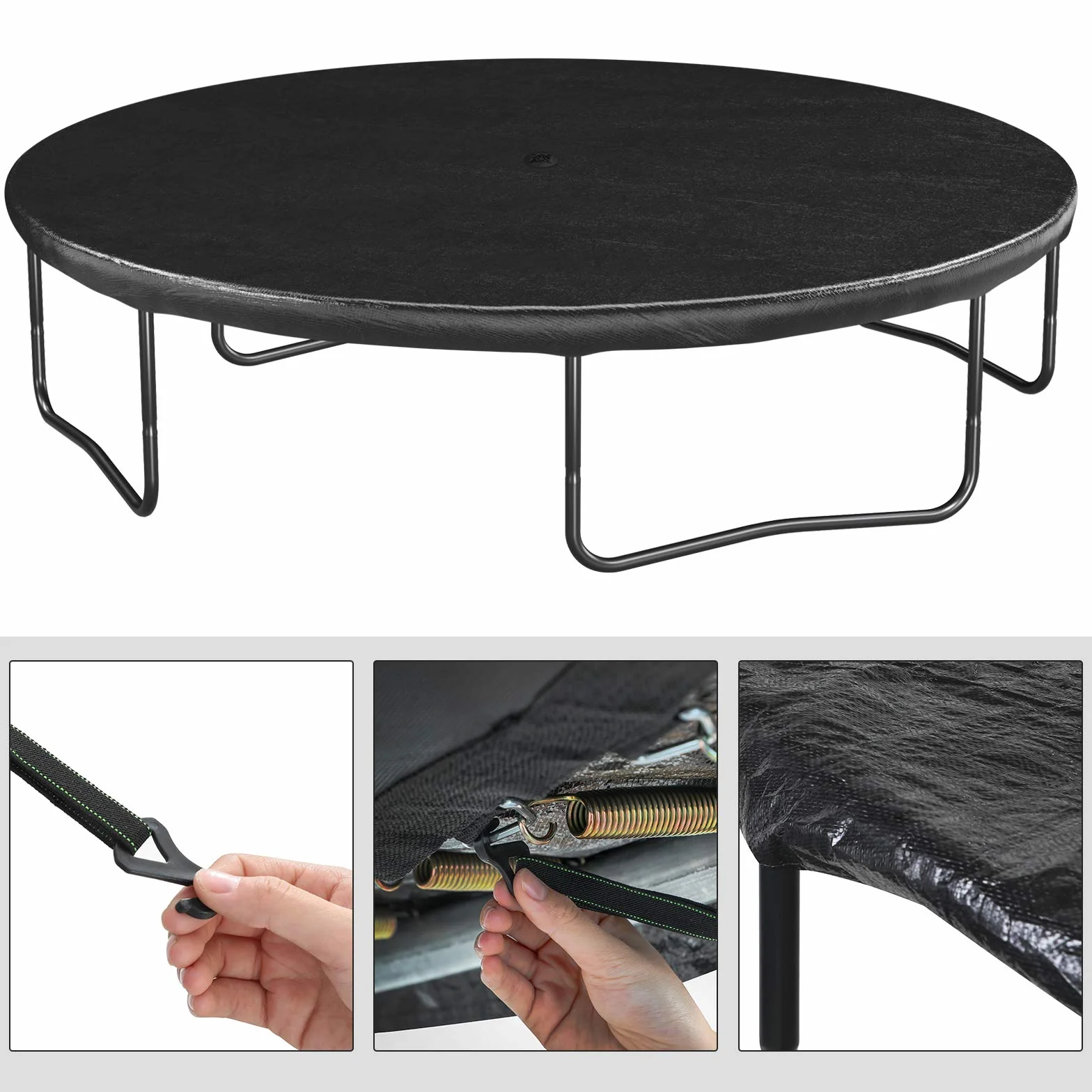 SONGMICS Osłona Ø 244 305 366 cm na trampolinę, plandeka z otworami odpływowymi, plandeka chroniąca przed słońcem, liśćmi, śniegiem i brudem, elastyczne taśmy i haczyki, czarna