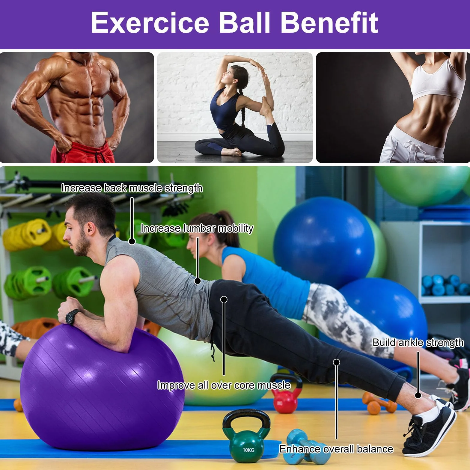 flintronic Piłka gimnastyczna, 65 cm, ultra gruba, antywybuchowa piłka do jogi z pompką nożną do pompowania, wytrzymała piłka fitness o maksymalnej nośności do sportu, fitnessu, jogi, pilatesu