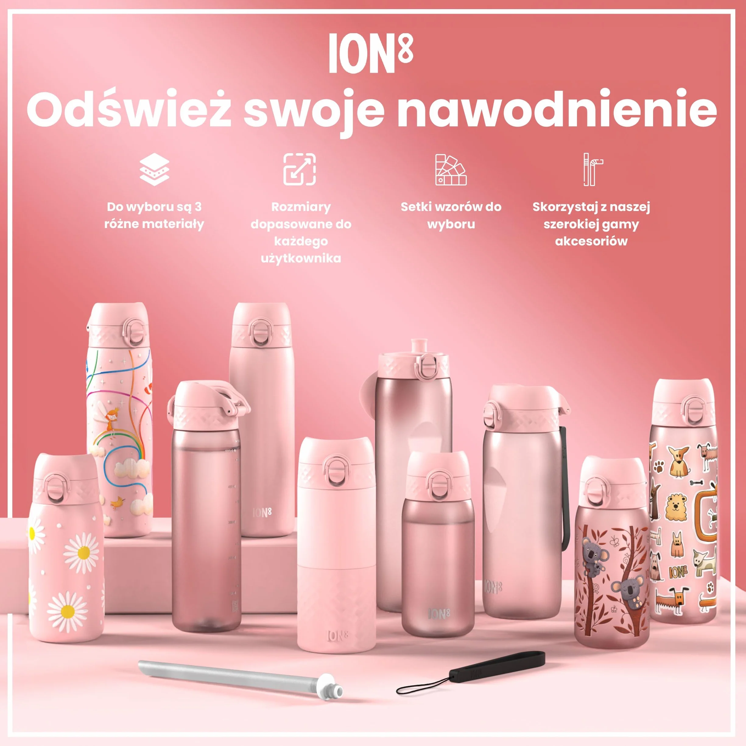 ION8 Butelka na Wodę, 500 ml/18 oz, Szczelna, Łatwe Otwieranie, Bezpieczny Zamek, Można Myć w Zmywarce, Bez BPA, Higieniczne Pokrycie, Uchwyt do Przenoszenia, Łatwa Czyszczenie, Bezwonny, Jasny Róż
