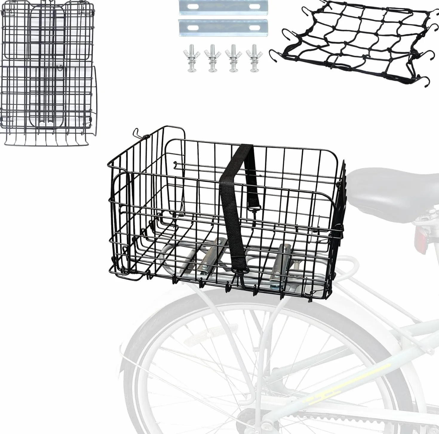Stabilny, składany kosz rowerowy z siatką na bagaż, kosz dla psa, tylny kosz na bagażnik, metalowy kosz rowerowy (kosz rowerowy z siatką bagażową)
