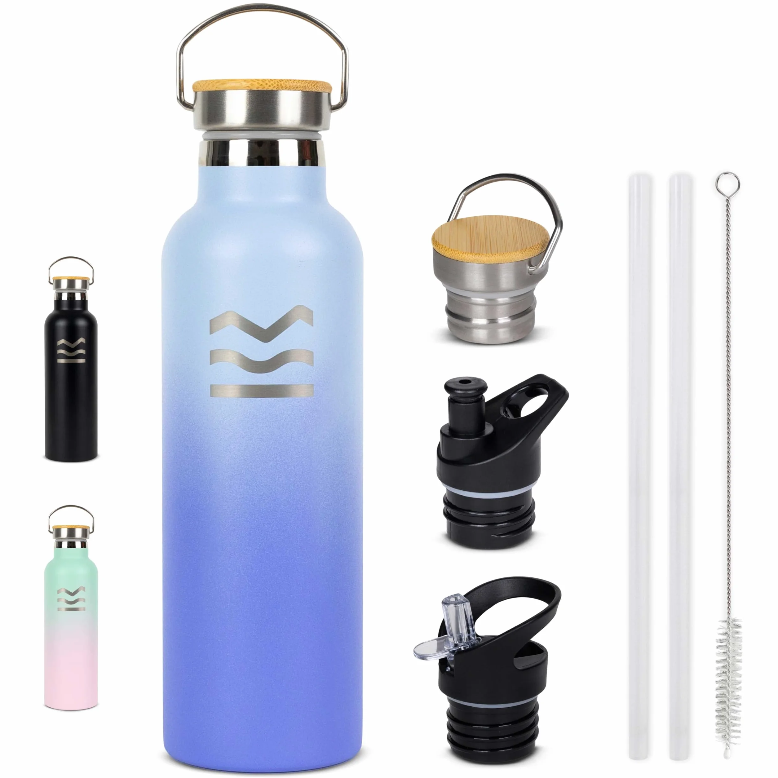 Niebieska Metalowa Butelka na Wodę 750 ml - HUIIKE | Izolowana Butelka z Rurką I 3 Nakrętkami | Stal Nierdzewna, bez BPA | Utrzymuje 12 h Ciepła I 24 h Chłodu, Szczelna I Wielokrotnego Użytku