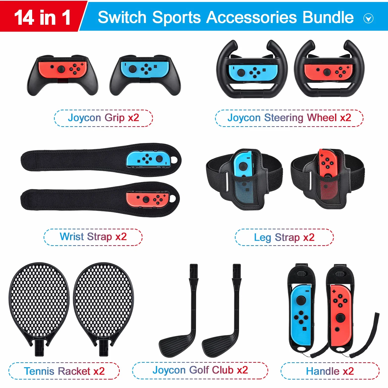 Zestaw akcesoriów sportowych 14 w 1, zestaw innoAura Switch Sports z kierownicą Switch, uchwytem Switch J-Con, rakietą tenisową, paskiem na nogę kompatybilnym z przełącznikiem/Switch OLED