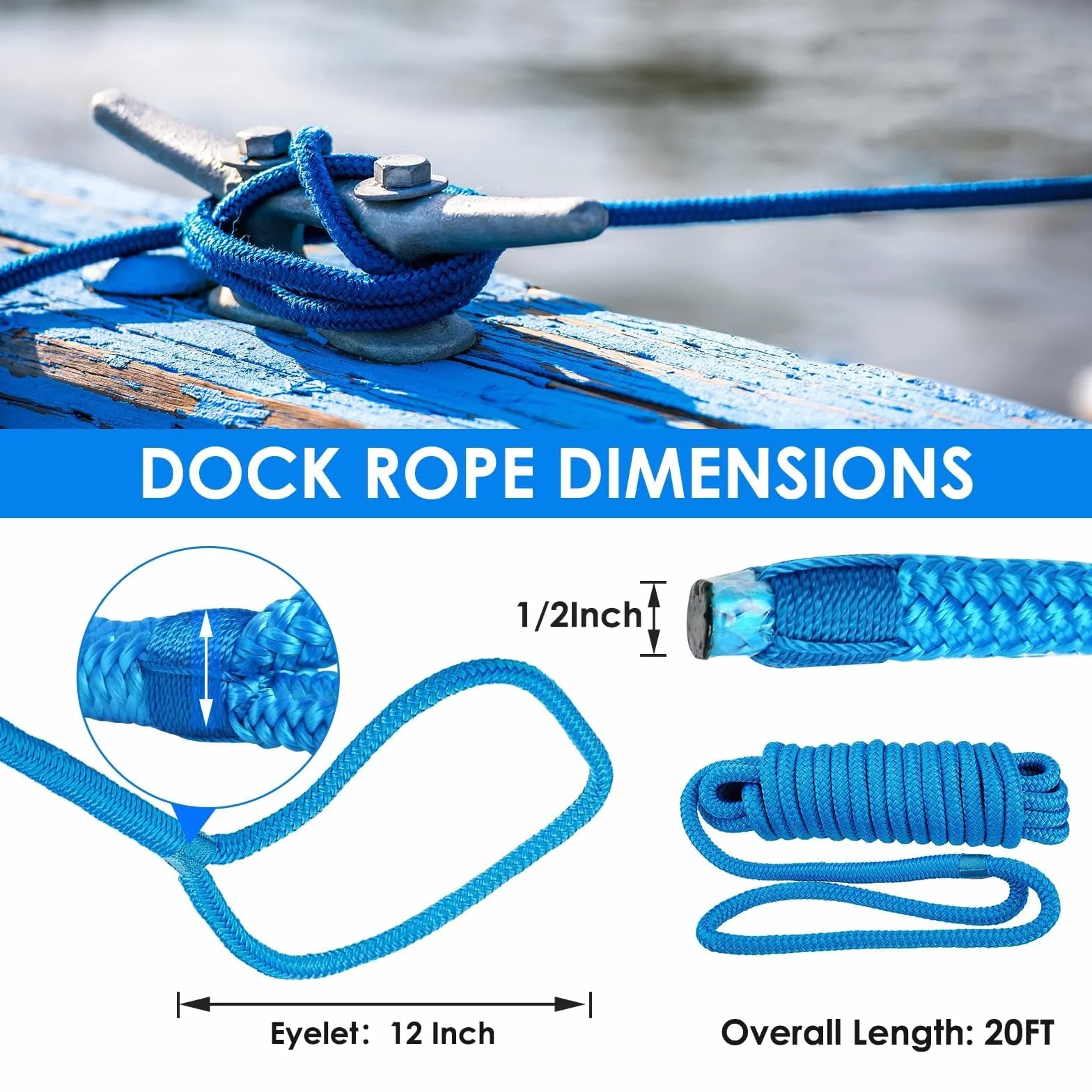 BOOMSTART 4 sztuki liny do łodzi 12 mm linka cumownicza z oczkiem nylon podwójnie pleciona lina błotnika linie dock linie Ø 12 mm, dł.: 6,1 m, oko 30,48 cm, obciążenie zrywające: 2240 kg, niebieska
