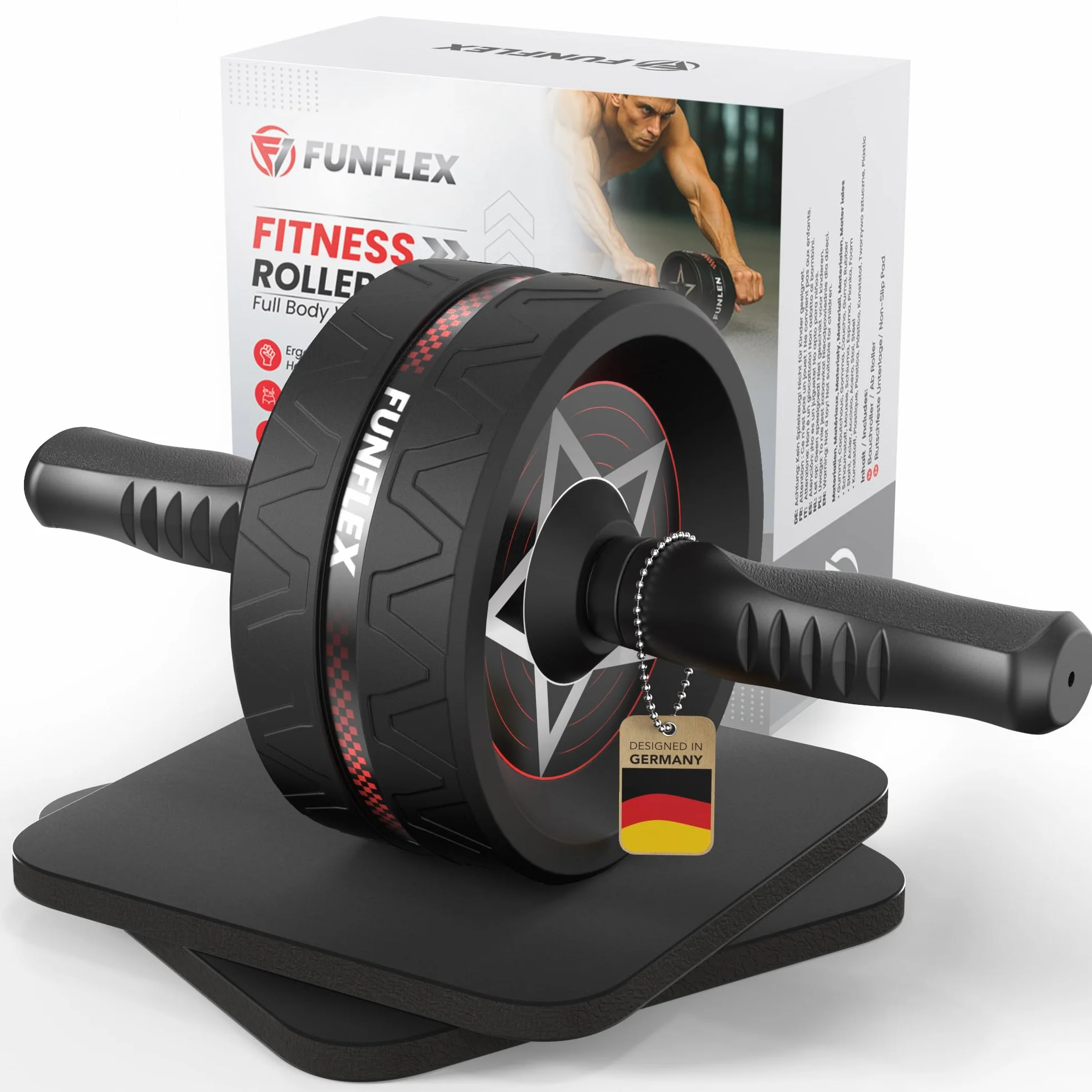 FUNFLEX Wałek Brzuszny do Ćwiczeń Mięśni Core - AB Roller z Antypoślizgowymi Uchwytami, Mata na Kolana, Sprzęt Fitness do Domu