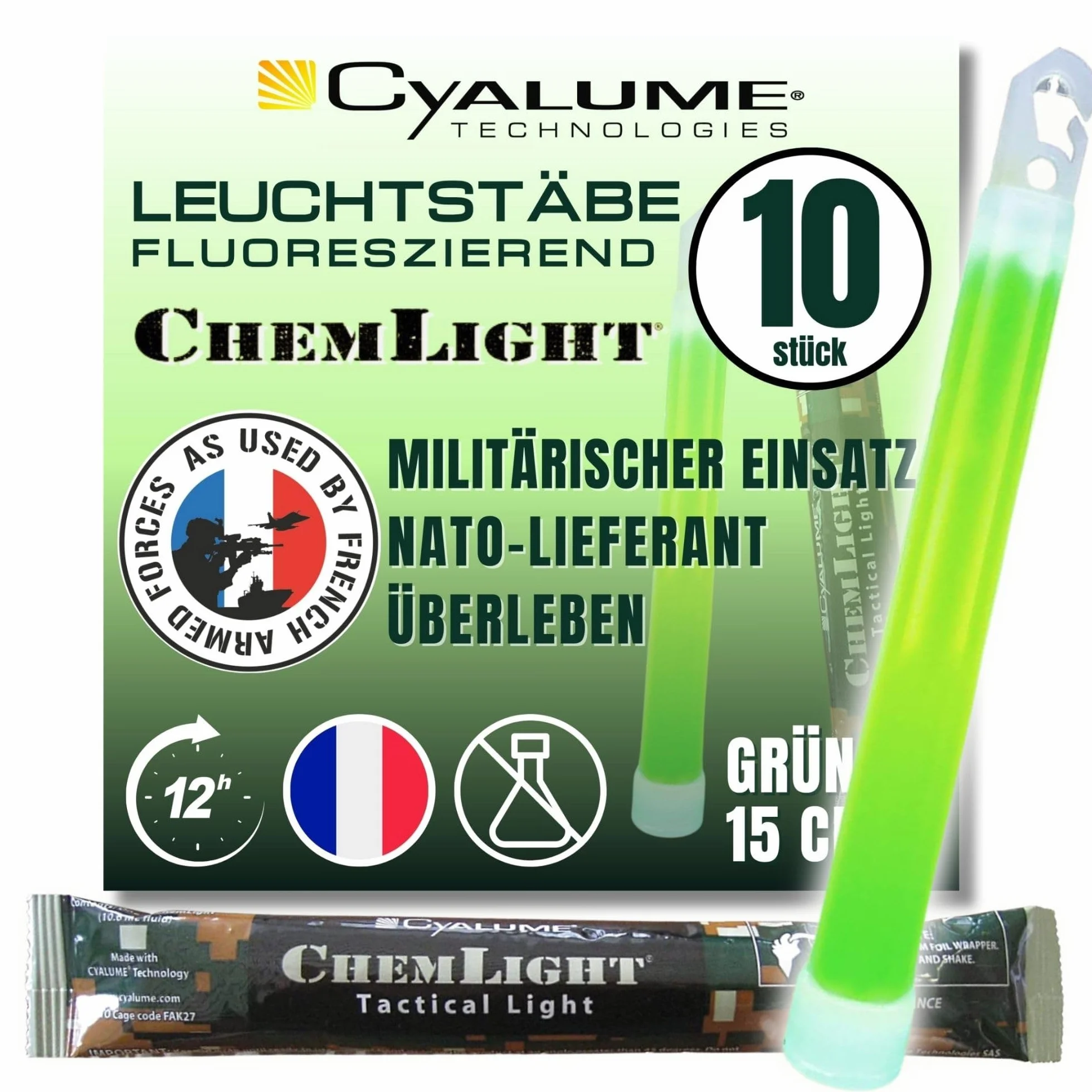 Cyalume Technologies SA9-1027017AM świecąca pałeczka 15 cm, oryginalne wojskowe wkłady świetlne ChemLight w kolorze zielonym (10 sztuk), długi czas palenia 12 godzin, 100% zgodność ze specyfikacją