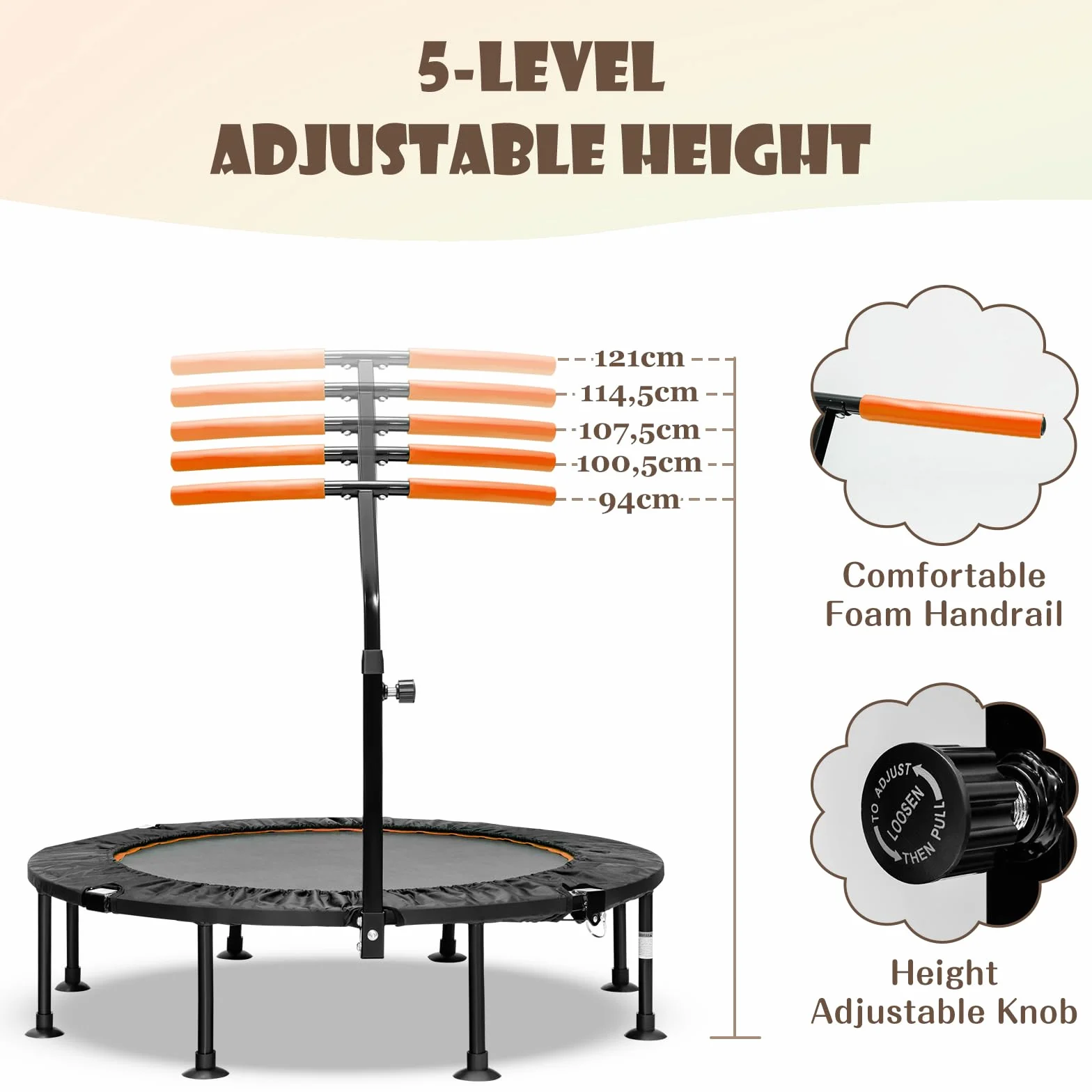 LIFEZEAL Mini składana trampolina o średnicy 110 cm, trampolina dziecięca z regulacją wysokości poręczy, fitness trampolina do treningu, maksymalna waga 100 kg