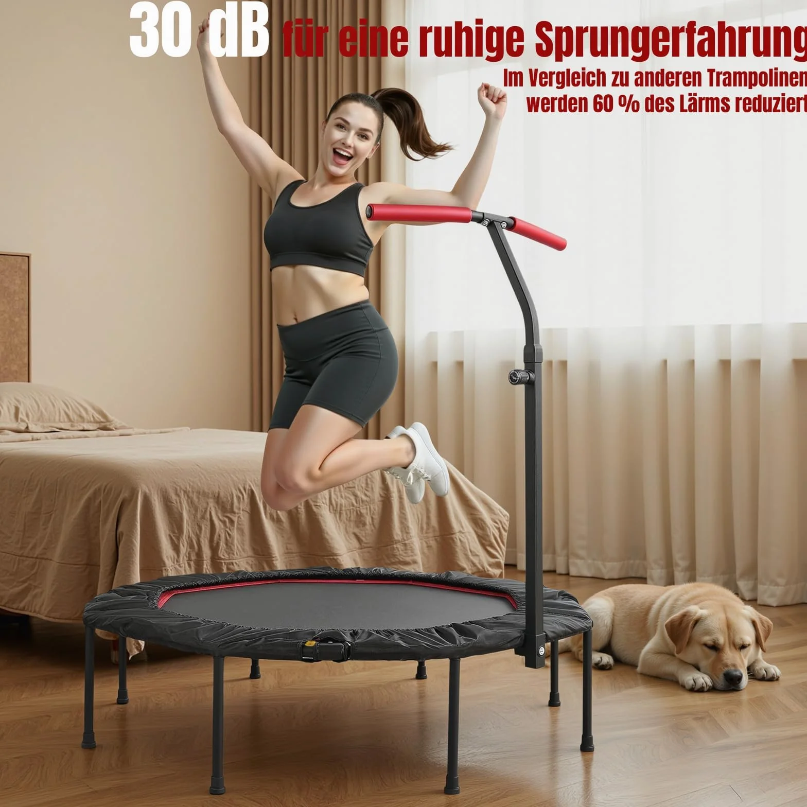 LIFERUN Cicha trampolina fitness, ośmiokątna mini trampolina, Ø 128 cm, do użytku wewnątrz i na zewnątrz, elastyczny sznurek, uchwyty z regulacją wysokości, obciążenie 150 kg, dla dorosłych, do