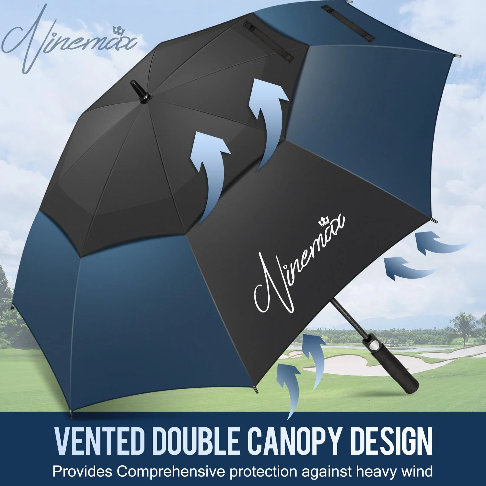 NINEMAX Parasol Golfowy 62 cali Wiatroszczelny Wodoszczelny Podwójny Baldachim Czarny Ciemnoniebieski