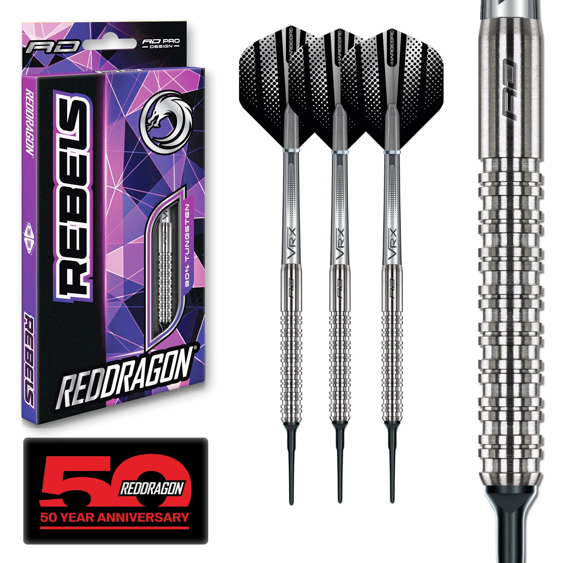 RED DRAGON Rebel 18g Baryłka / 20g Waga Całkowita, Zestaw Rzutek z Miękką końcówką - 85% Wolfram z lotkami i trzonkami