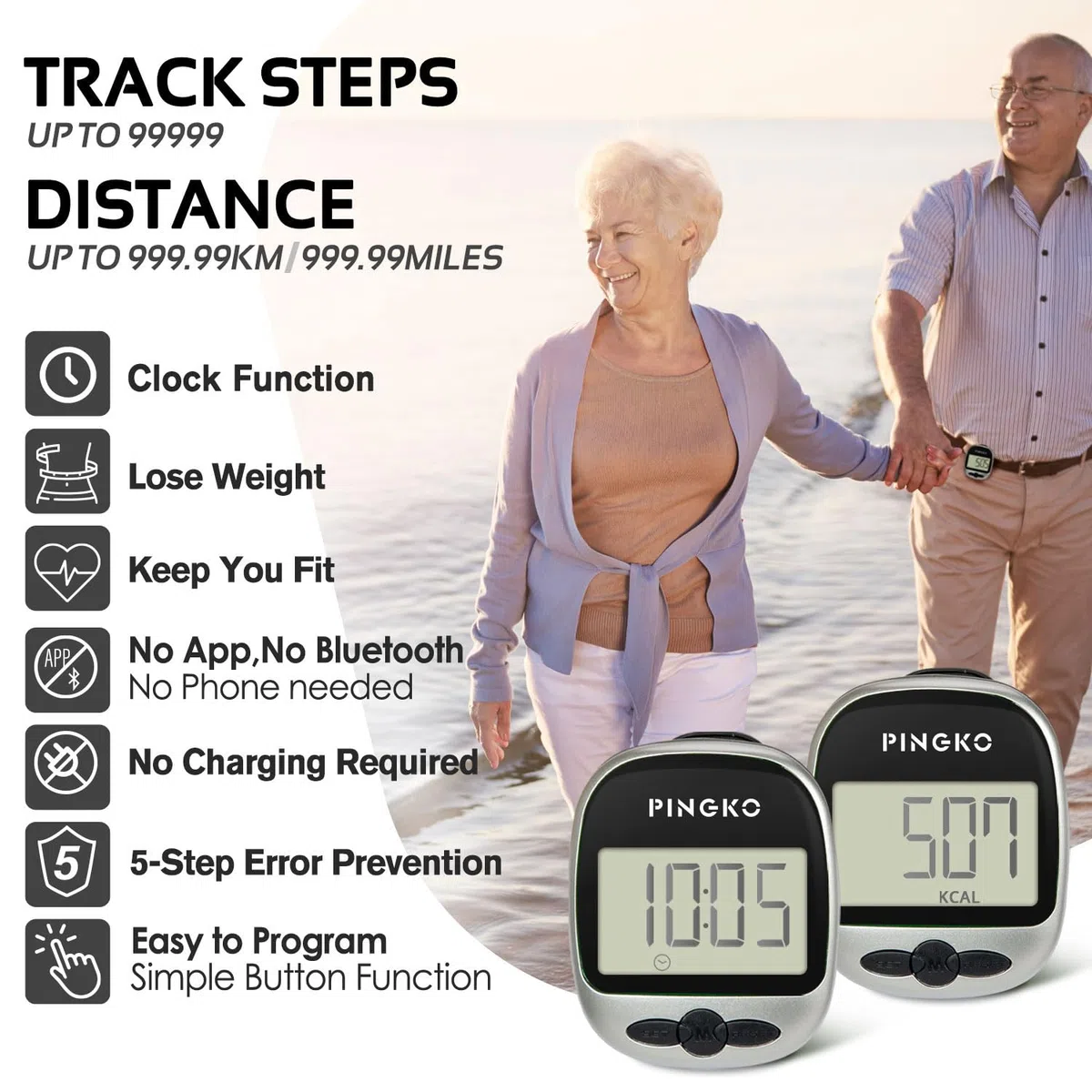 PINGKO Krokomierz do chodzenia dokładnie śledź kroki przenośny krokomierz sportowy krok/odległość/kalorie/licznik fitness tracker, licznik kalorii