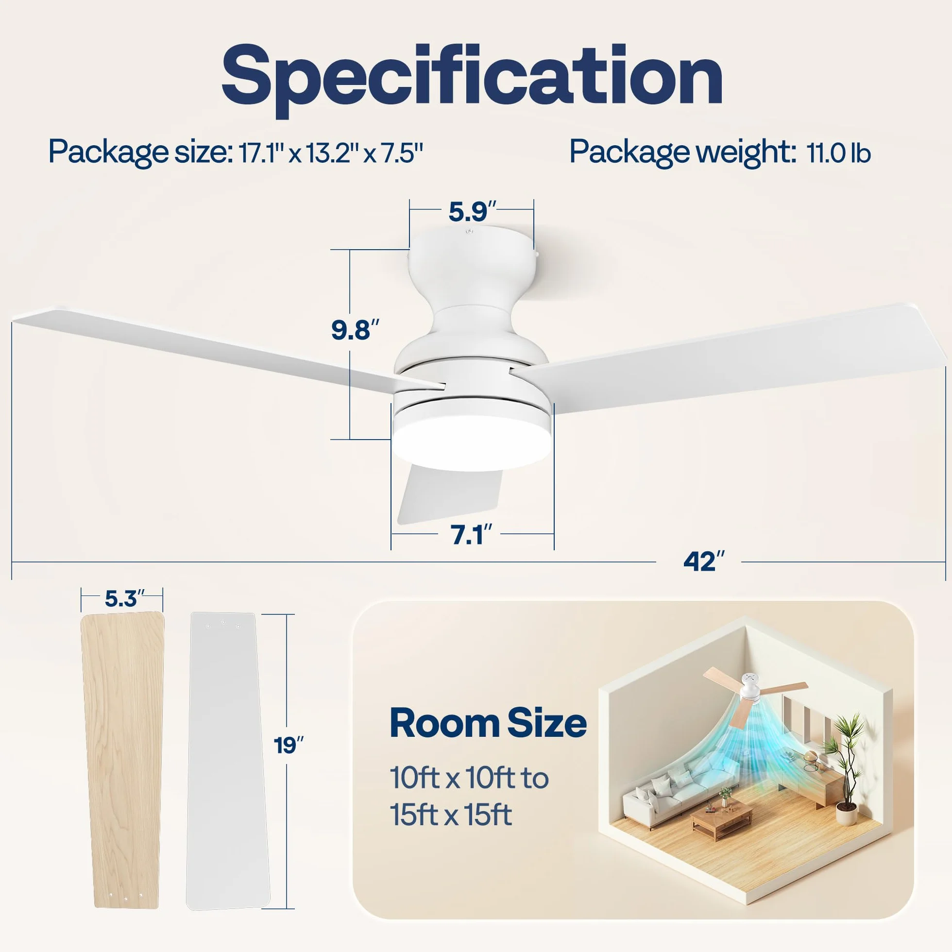VIVOHOME Wentylator Sufitowy z Oświetleniem 42 cale 107 cm Niskoprofilowy Zdalnym Montażem Podtynkowym 6+1 Prędkości 3CCT Ściemnialny Timer Cichy Odwracalny
