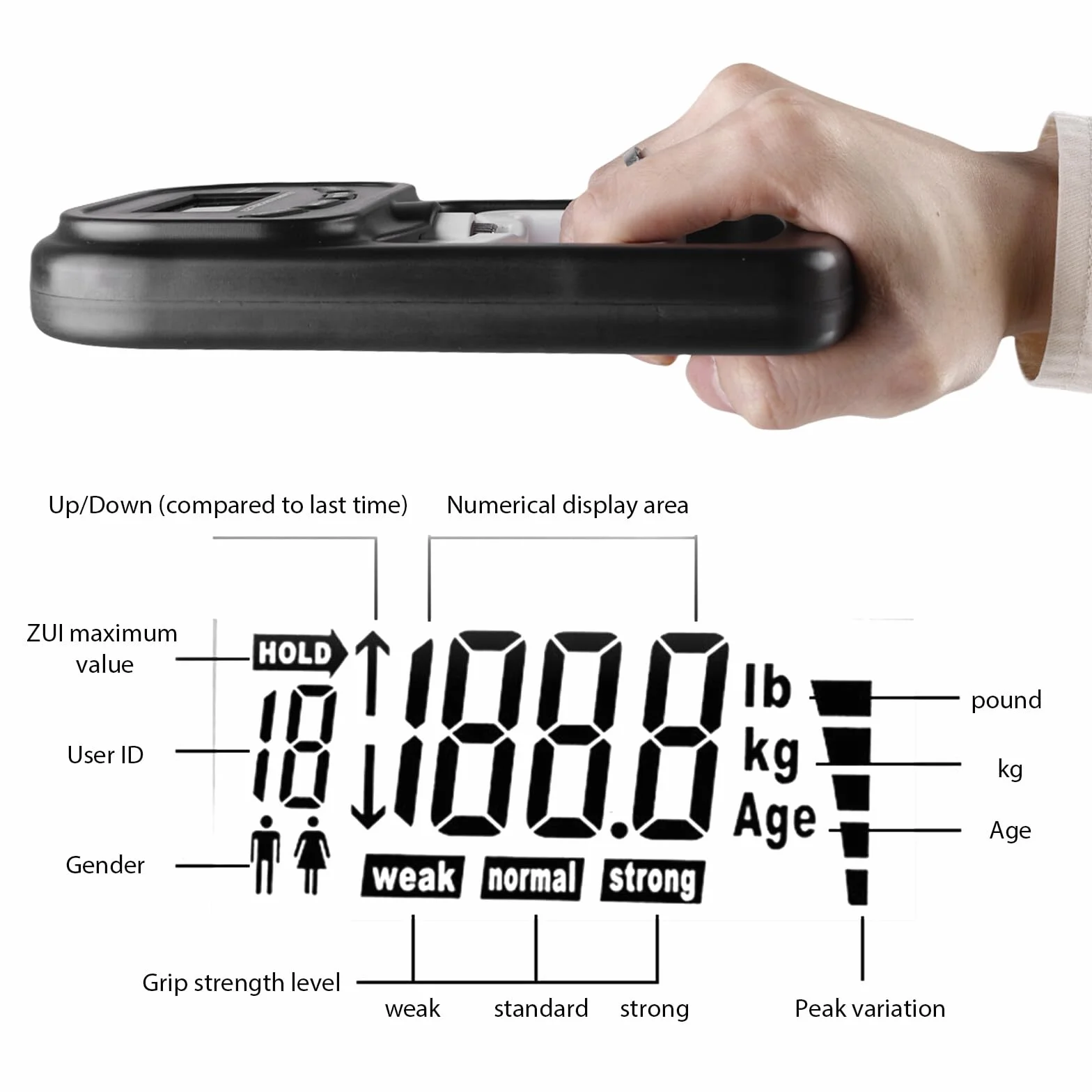 Cyfrowy dynamometr 180 kg z elektronicznym monitorem LED, napęd USB, czarny