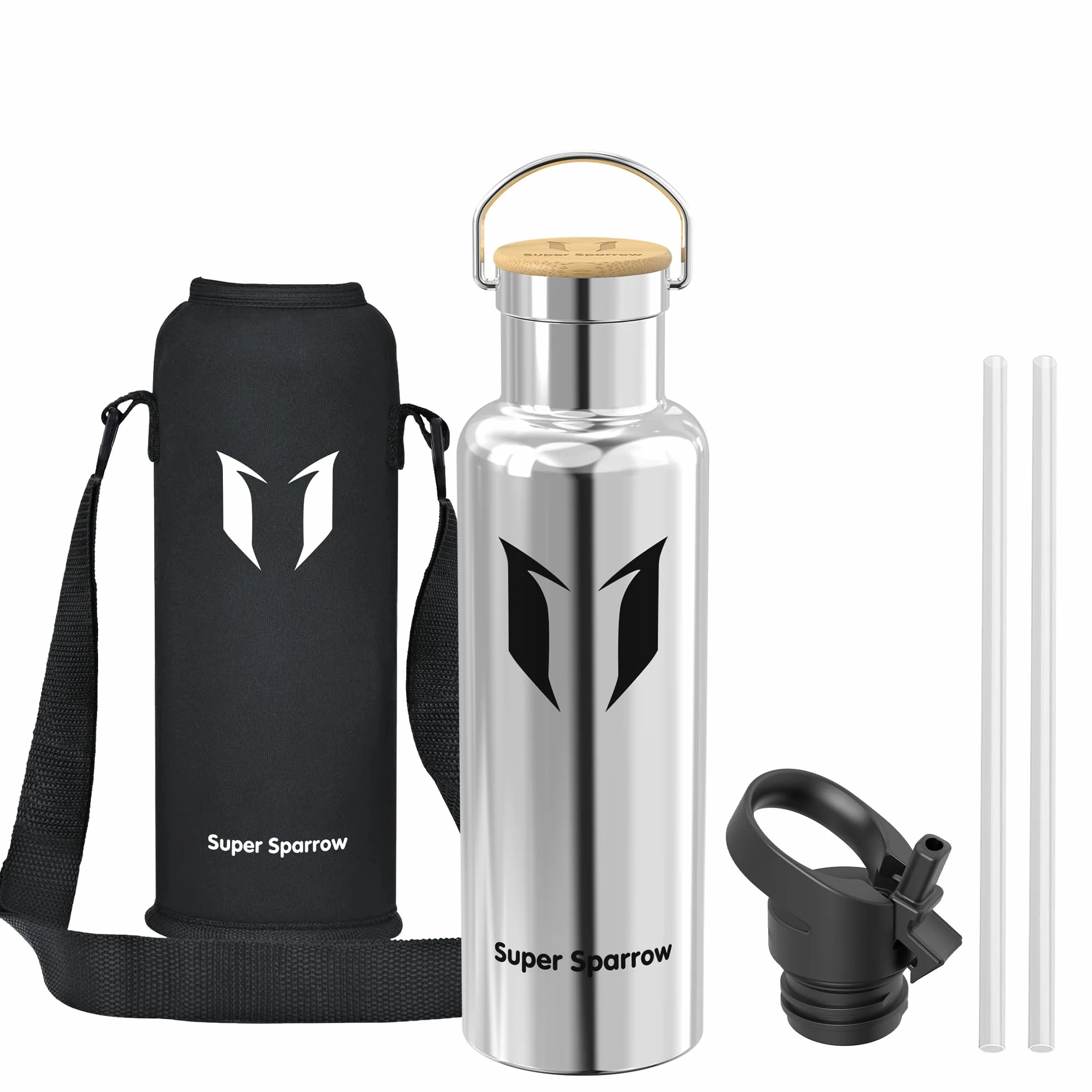 Super Sparrow Butelka na wodę ze stali nierdzewnej - 350 ml / 500 ml / 620 ml / 750 ml / 1L - Izolowana próżniowo metalowa butelka na wodę - Kolba bez BPA ze słomką do pracy, siłowni, podróży, sportu