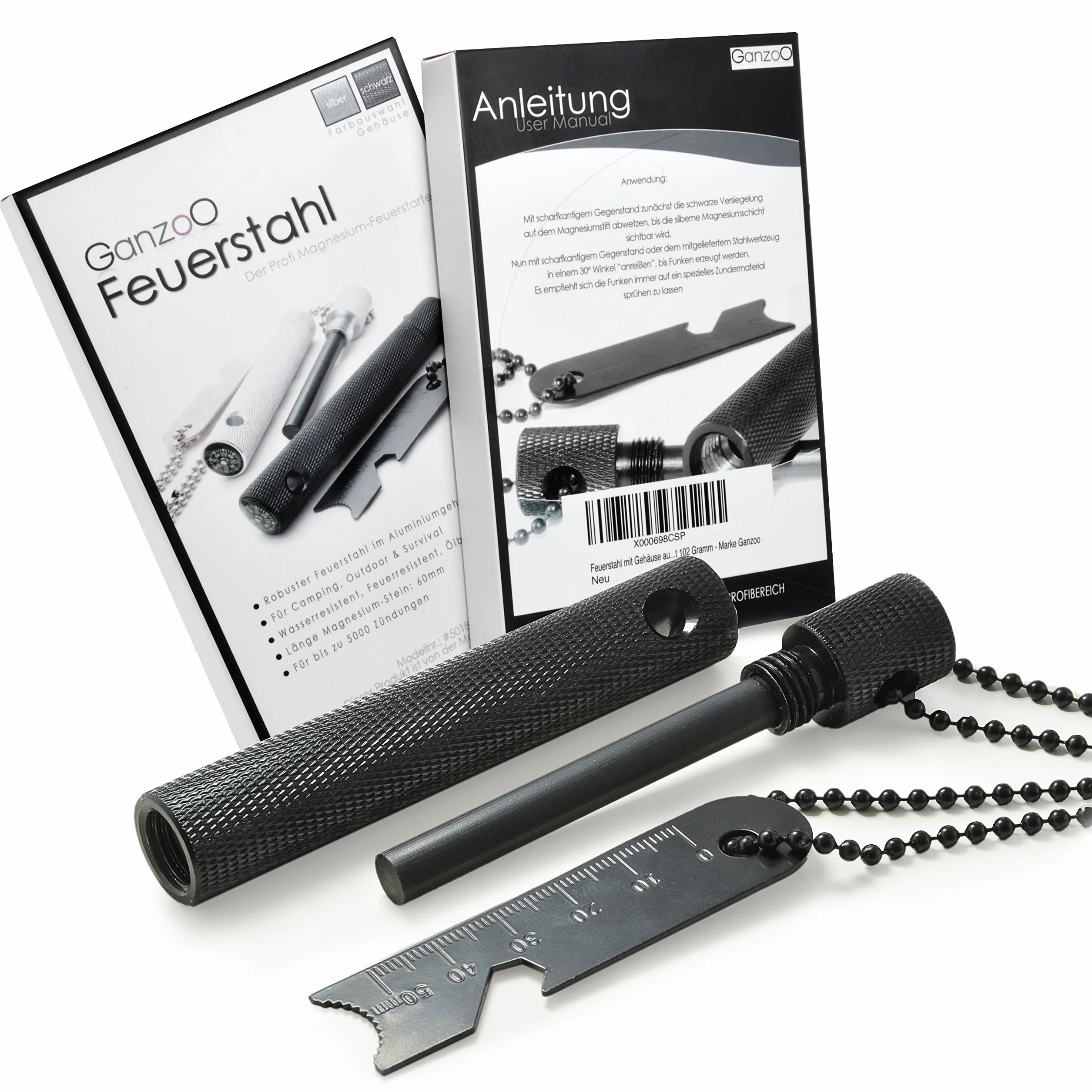 Zestaw do rozpalania Ganzoo stal ogniowa magnez 8 mm czarna aluminiowa osłona CNC kompas gwizdek stalowy skrobak