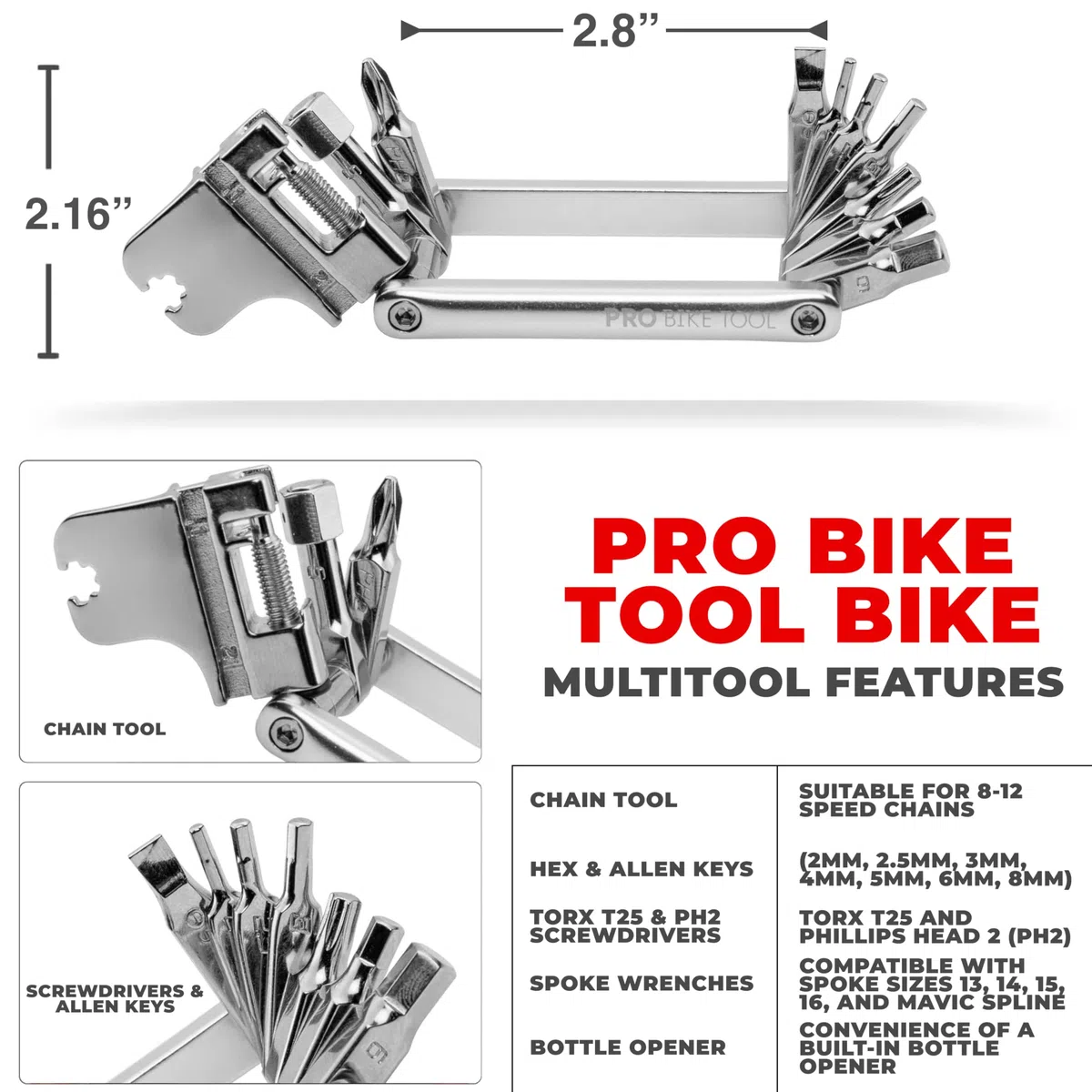 PRO BIKE TOOL Narzędzie wielofunkcyjne 17 w 1 – niezawodne, kompaktowe, lekkie – zestaw narzędzi rowerowych do rowerów wyścigowych i górskich – masywna stal nierdzewna, w zestawie torba