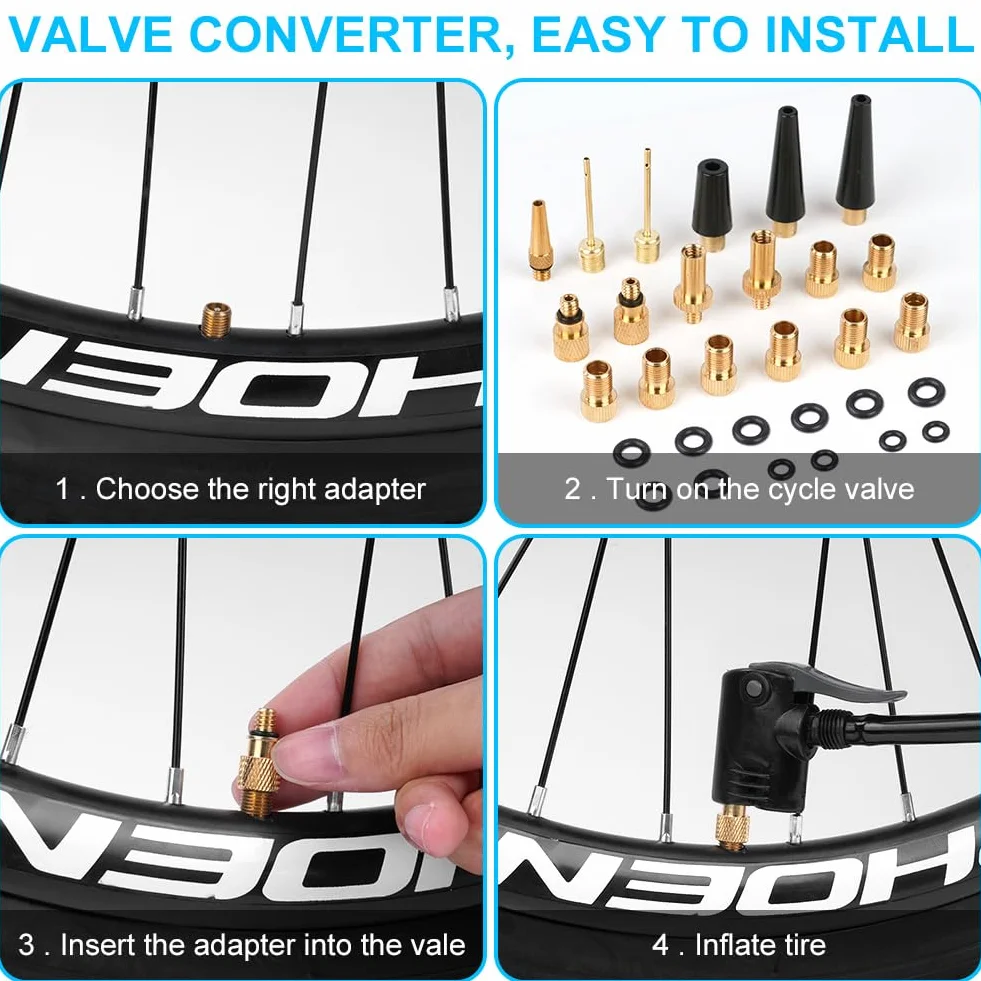 flintronic Adapter do wentyla rowerowego 32 szt., adapter do pompki rowerowej, adapter wentyla rowerowego DV/SV/AV, do sprężarki rowerowej, do pompki kulowej, do pompy powietrza