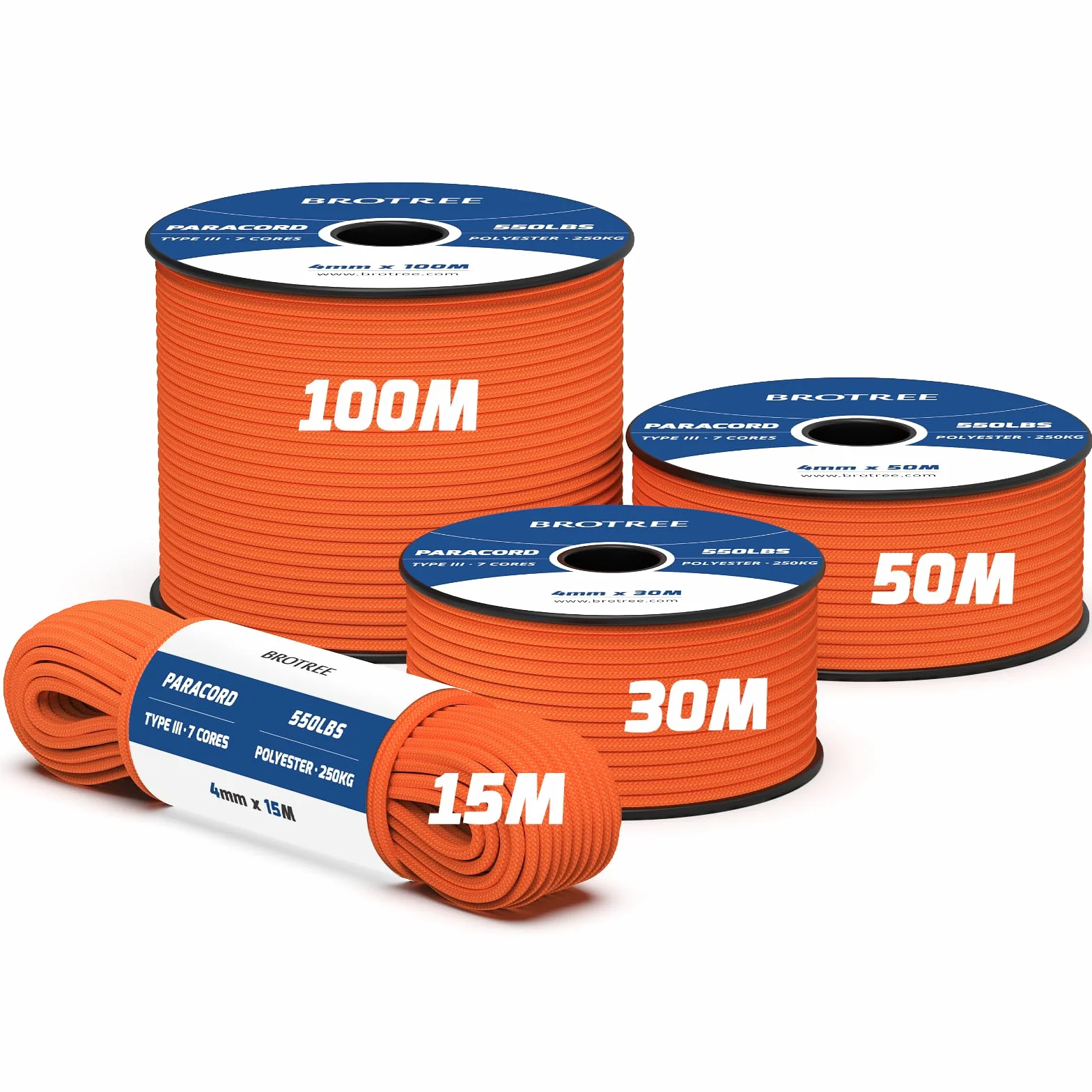 Brotree 550 Paracord 4mm 50m Linka Typ III 7-żyłowa Poliester Pomarańczowy