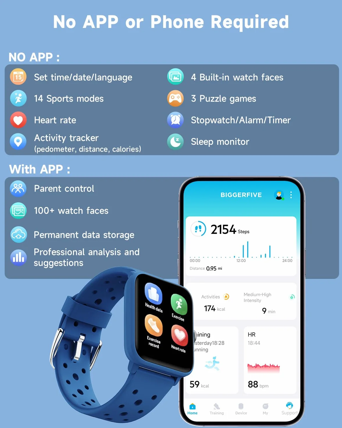 BIGGERFIVE Inteligentny zegarek dla dzieci bez aplikacji, zegarek fitness tracker, krokomierz, tętno, wodoodporność 5 ATM, monitor snu, licznik kroków kalorii, gry, budzik dla chłopców i dziewcząt w