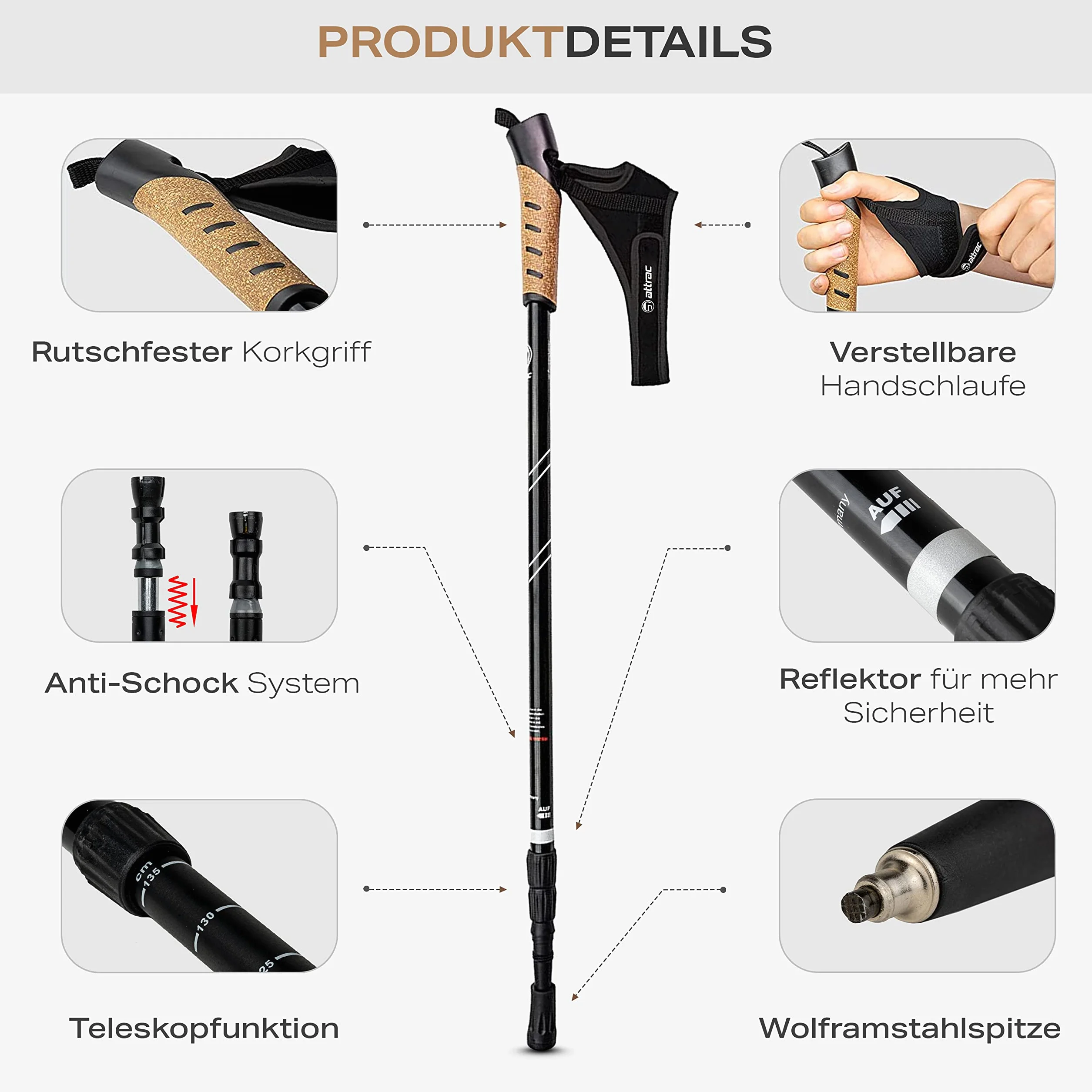 Attrac Nordic Walking Classic kijki trekkingowe 69-136 cm aluminiowe amortyzacja Anti-Shock teleskopowe regulowane torba