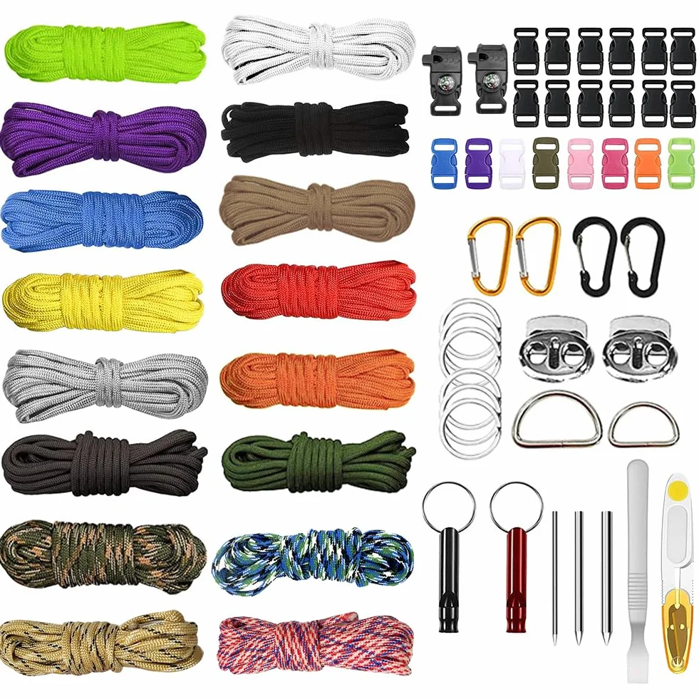 EUBSWA Paracord 550 zestaw 16 kolorów, wielofunkcyjna linka nylonowa, klamry z igłami do tworzenia bransoletek, smyczy lub obroży dla psa, smyczy, breloczka do kluczy
