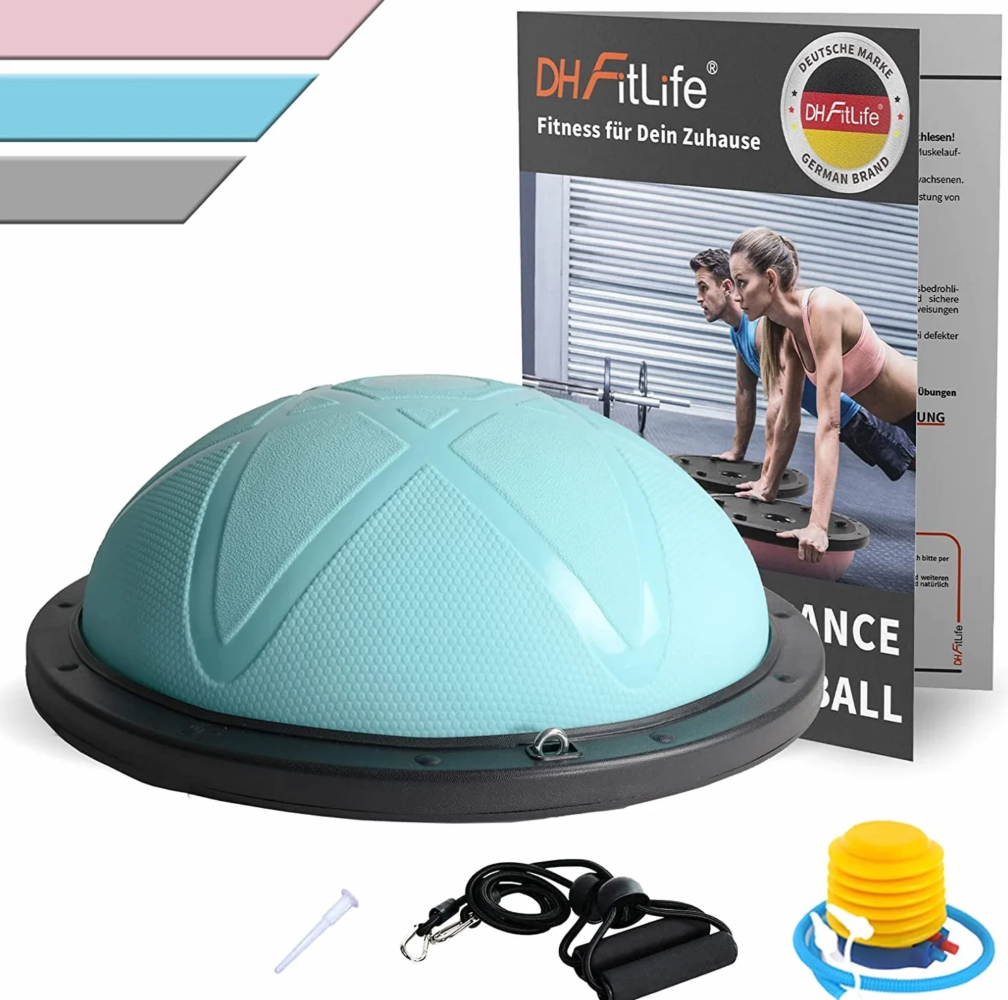 DH FitLife Piłka do balansowania, do jogi, do treningu równowagi, średnica 60 x 22 cm, obciążenie do 200 kg, do połowy piłki gimnastycznej, deska do balansowania z pompką i 2 taśmami fitness