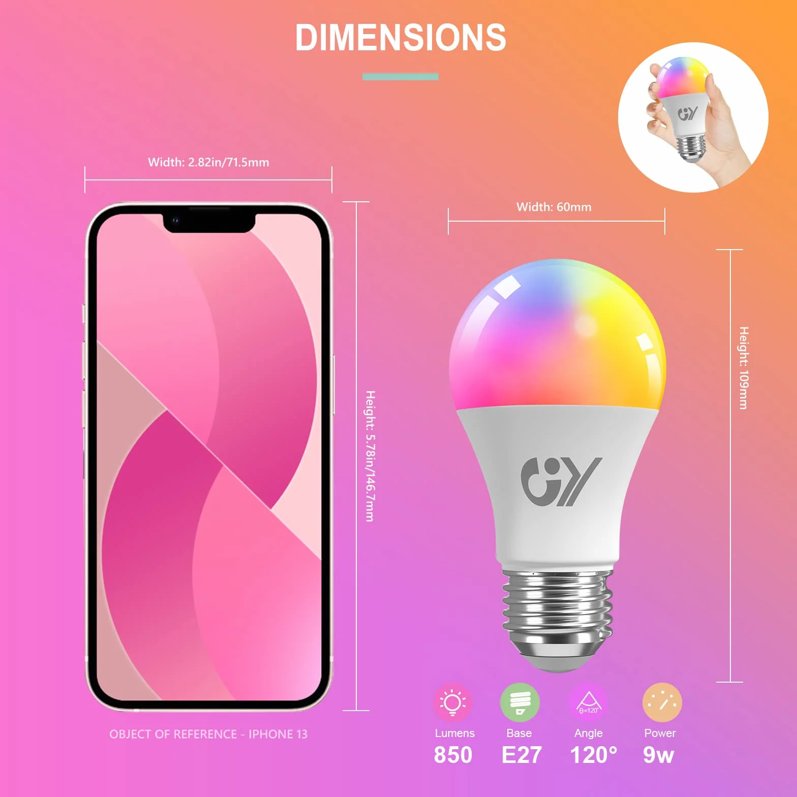 GY Żarówka E27 Smart WIFI RGB LED 9W 850LM A60 Alexa, Kąt Wiązki 120°, Regulowana 2700K-6500K, Pakiet 6 Sztuk