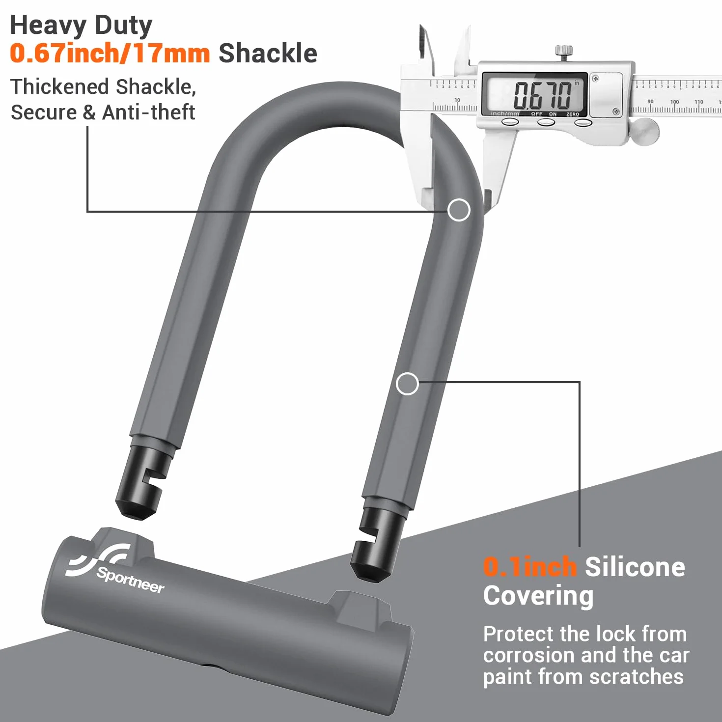 Sportneer Blokada rowerowa – 17 mm zapięcie pałąkowe, ciężkie zapięcie rowerowe, z kablem 1,5 m, do rowerów wyścigowych, górskich, rowerów elektrycznych, składanych z uchwytem, 19 cm x 13 cm
