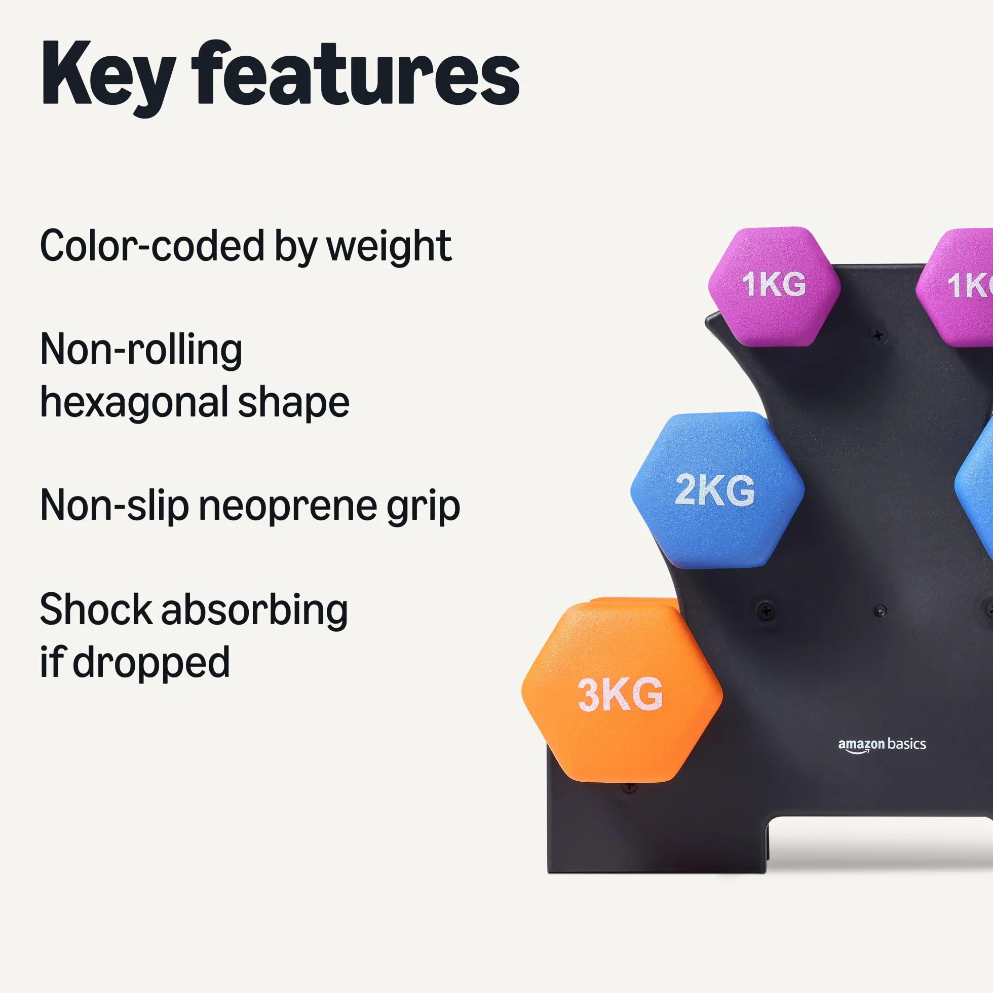 Amazon Basics Zestaw hantli z powłoką neoprenową ze stojakiem, 3 sztuki (1kg, 2kg, 3kg), wielokolorowy