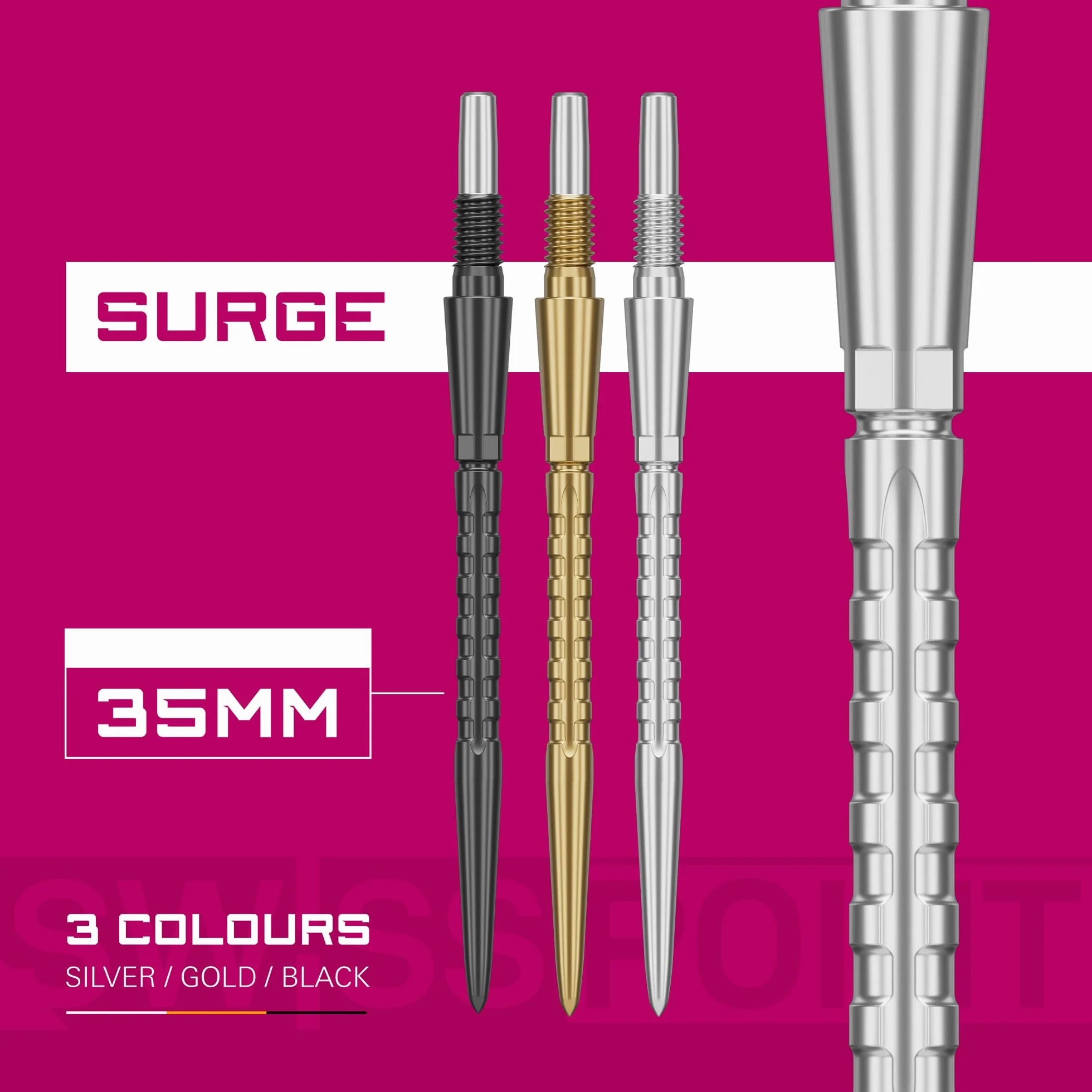 TARGET Darts Swiss Point Storm Dart Points, Zestaw końcówek Surge (3 szt.) 26MM/30MM/35MM - złote/srebrne/czarne | Zmień rzutki, Swiss Storm Points, profesjonalne akcesoria do rzutek