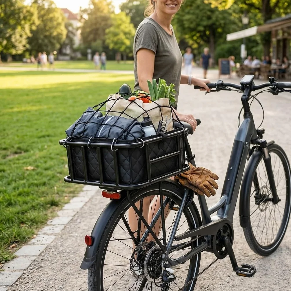 QWORK Kosz rowerowy z tyłu, duży kosz rowerowy metalowy z siatką cargo i wkładką, do większości rowerów i rowerów elektrycznych