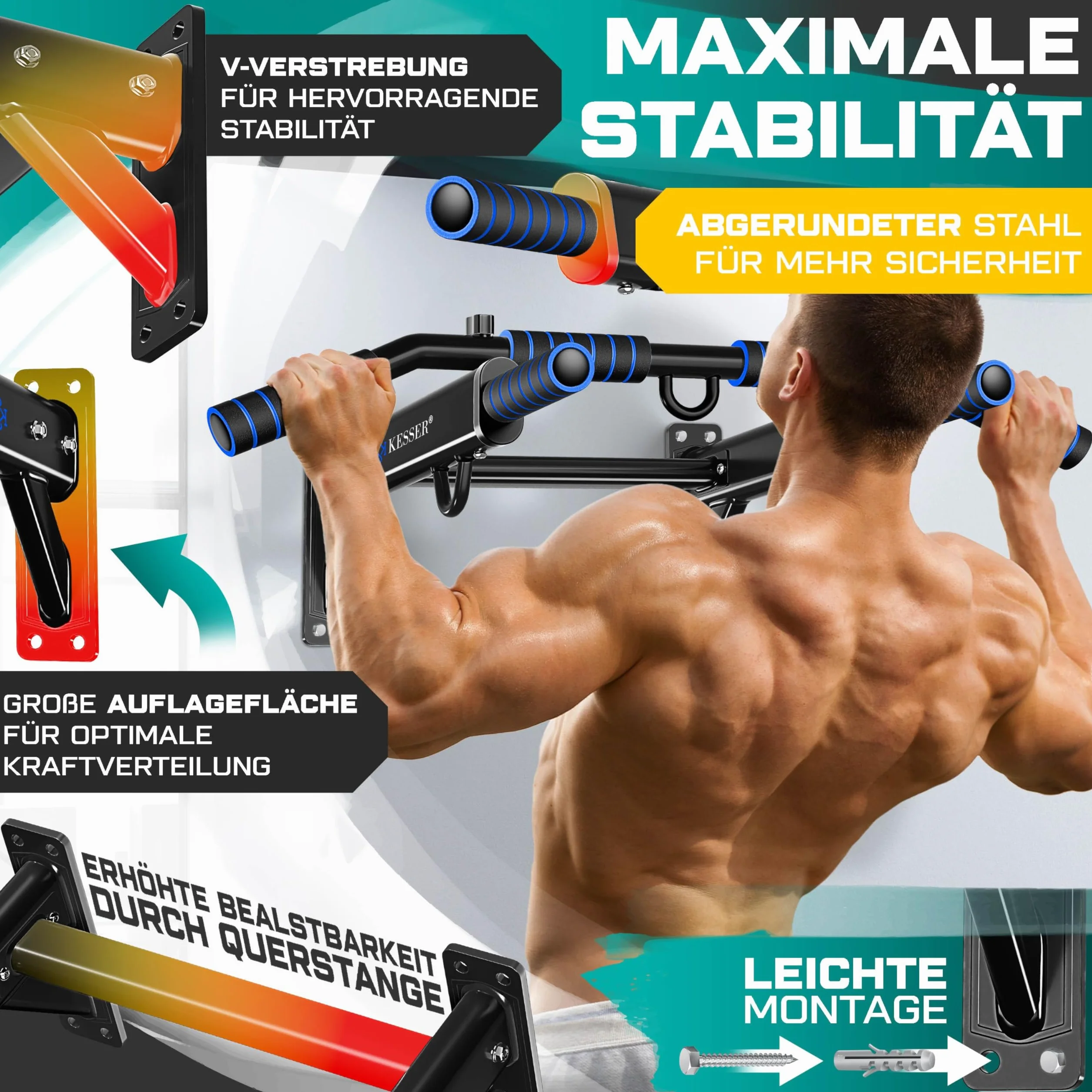 KESSER® Drążek do podciągania 4 w 1 do montażu na ścianie, antypoślizgowe uchwyty, dodatkowa funkcja do lin, pierścieni i worków bokserskich z różnymi pozycjami chwytu, bezpieczny i stabilny, do domu