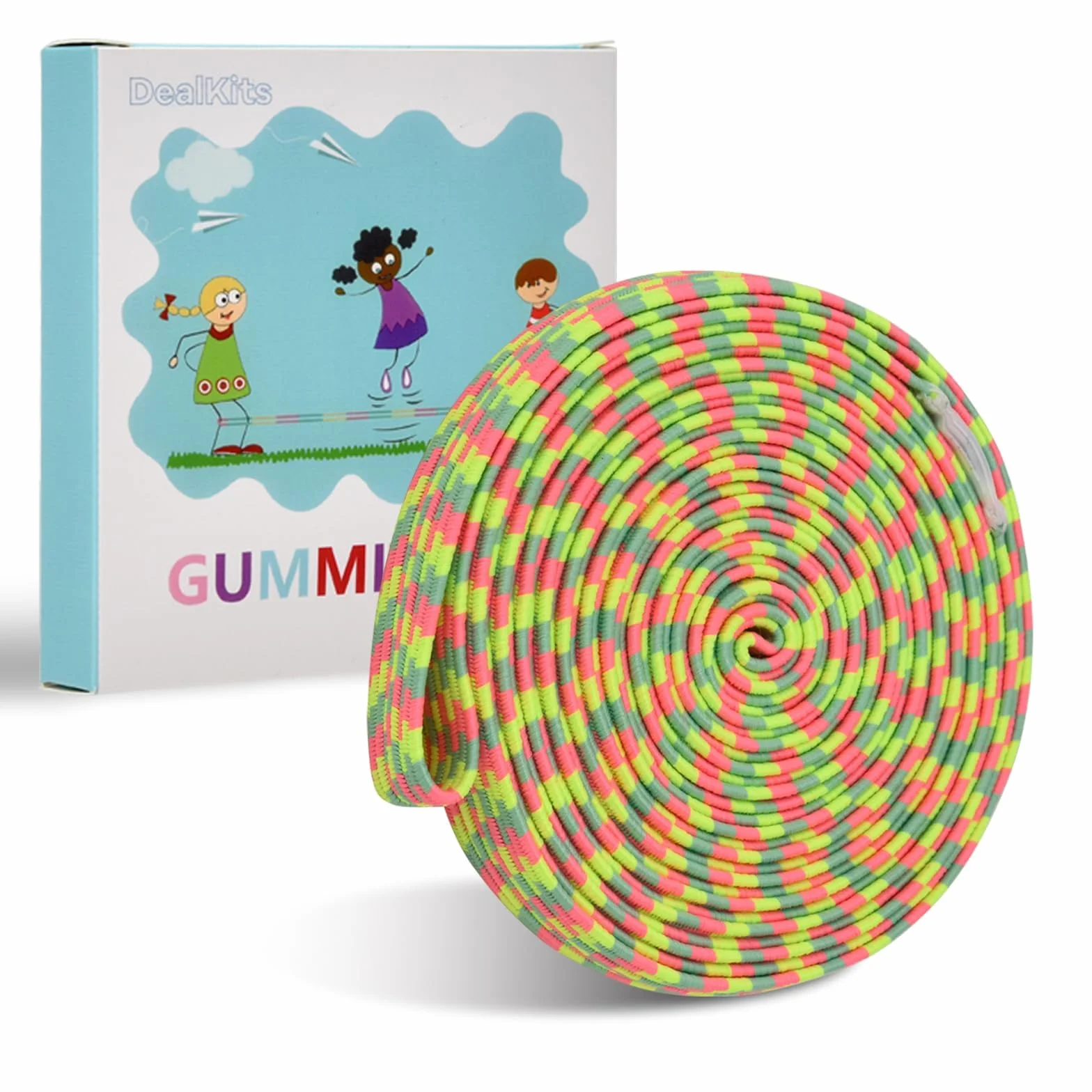 DealKits Gummitwist zestaw dla dzieci, gumowa guma twist, gumka do skakania, gumowa skakanka 4 m, z instrukcją (może nie być dostępna w języku polskim), gra ogrodowa, gra pauzowa, prezent na