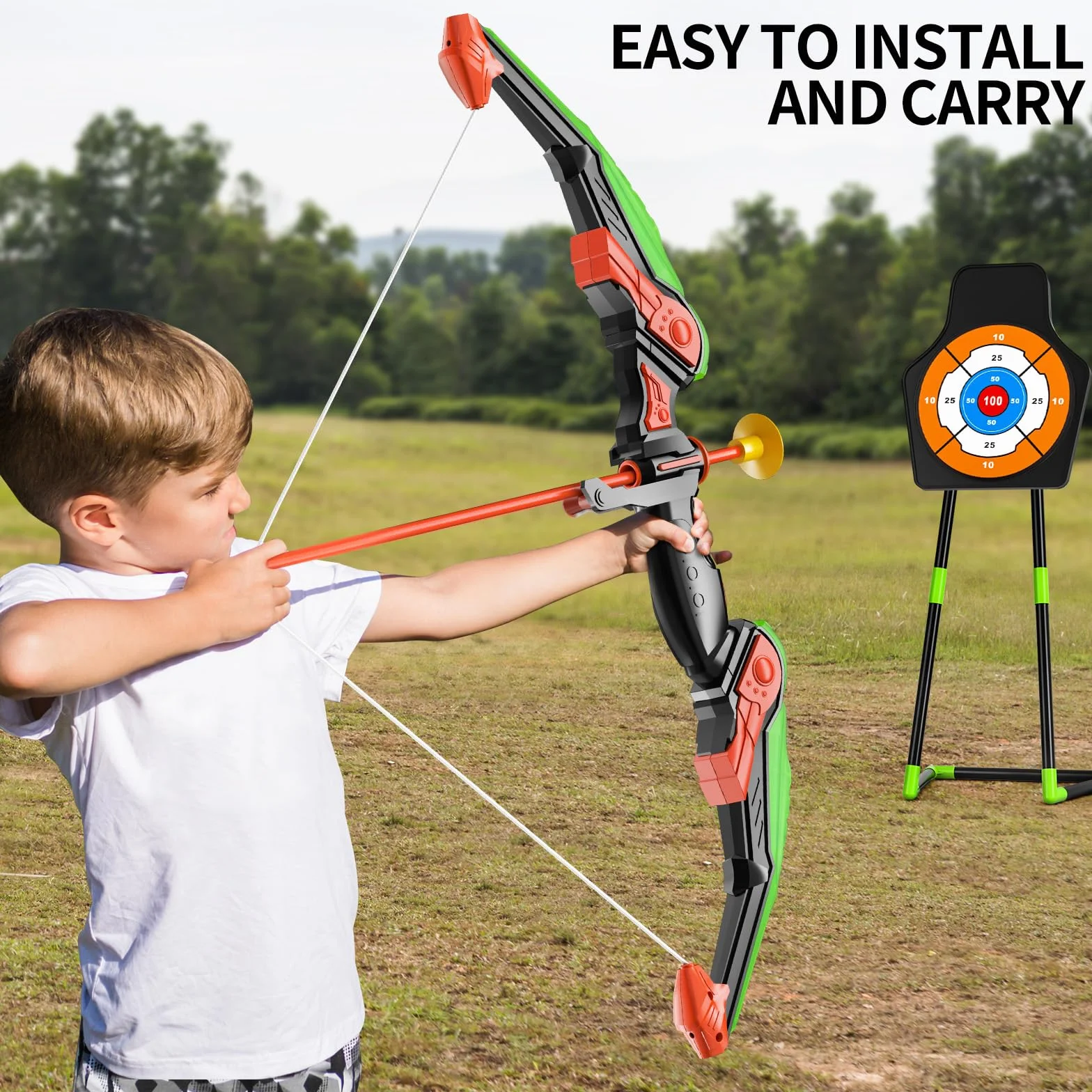 TEMI Bow and Arrow Set for Kids with LED Lights-Archery Set with 10 Suction Cup Arrows, Quivers & Standing Target, Outdoor Toys for Kids Boys & Girls Ages 3-12 Years Old