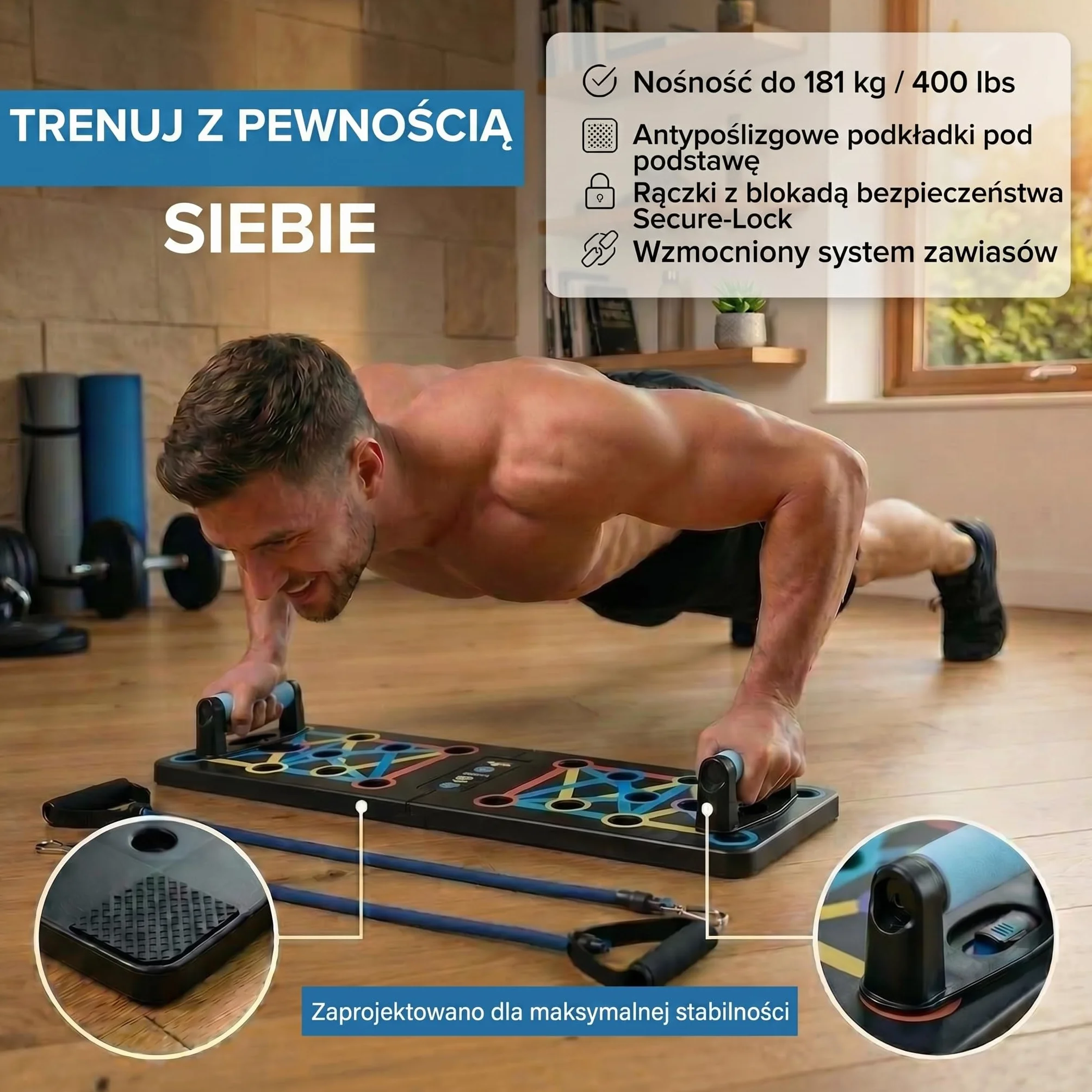 Body & Mind® Deska do pompek; składana, wielofunkcyjna deska Elite Rack Fitness Board do ćwiczeń całego ciała i efektywnych pompek; uchwyty do pompek z darmowymi paskami treningowymi